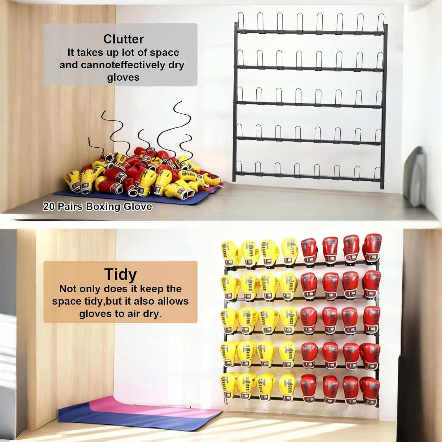 Boxing Glove Storage Rack Wall Mount Dryer Holds 20 Pairs, Boxing Glove Storage Garage, Hang Up Boxing Gloves to Dry Out(Black, 20 Pairs) - Image 4