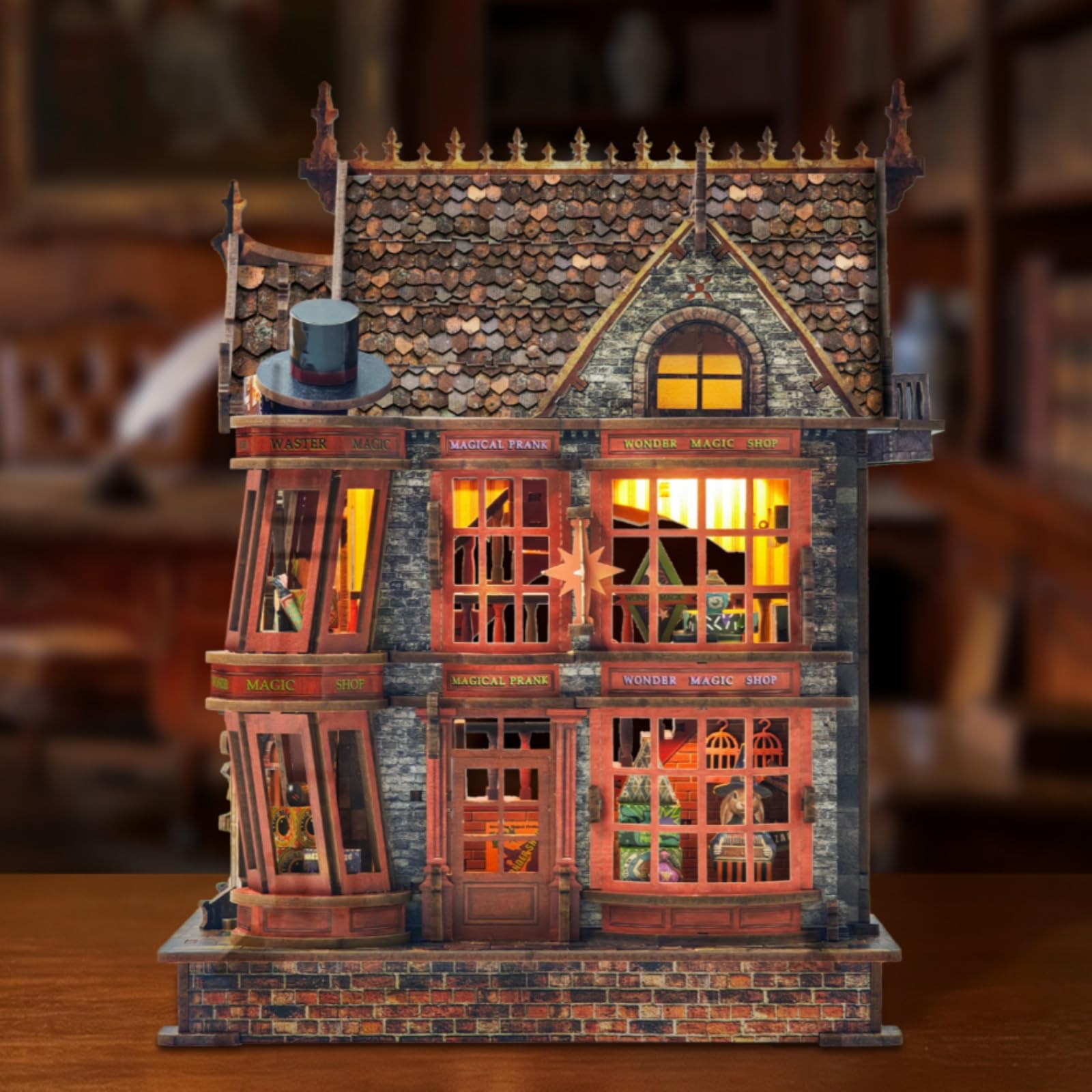 Casa en Miniatura con Luces Maqueta Kit Ornamento Madera Decorativo y Base Estable Adecuada para Escritorio Estantería Rincón de Lectura