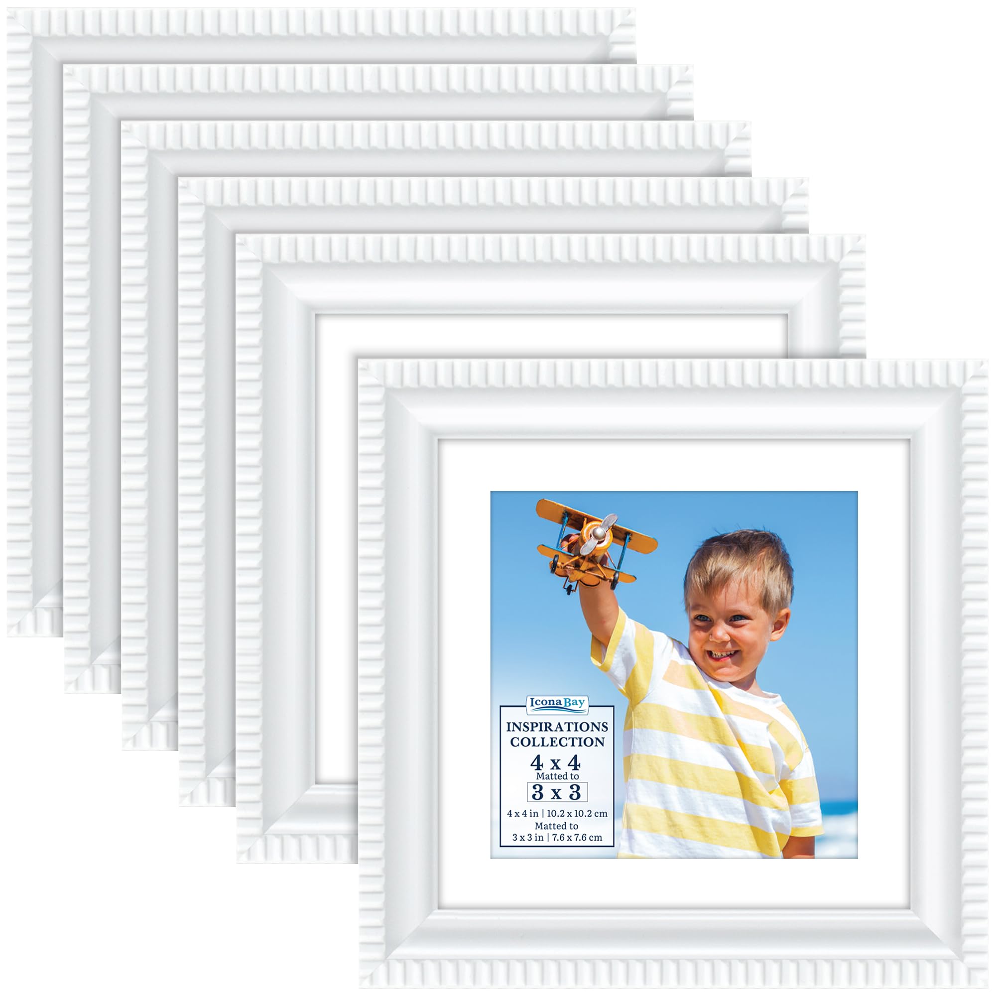 Icona Bay - 4x4 Picture Frames with Removable Mat for 3x3 Photos - White, 6 Pack - Beautifully Detailed Molding - Contemporary Picture Frames - Wall Mount or Table Top - Inspirations Collection โ image 1