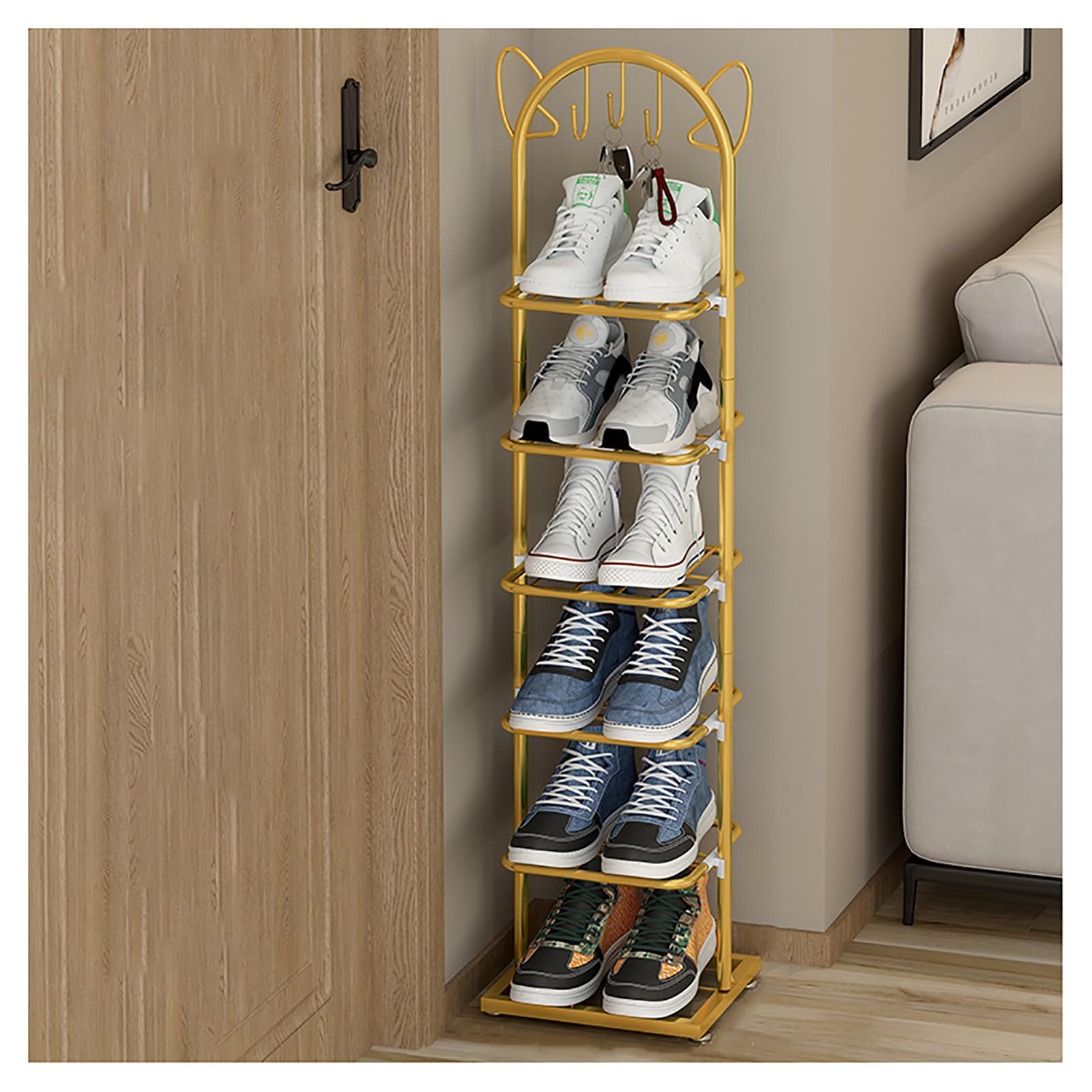 Scarpiera sottile in metallo con orecchie di gatto, a 6 livelli, autoportante, per corridoio, elegante soluzione salvaspazio, perfetta per uso interno ed esterno