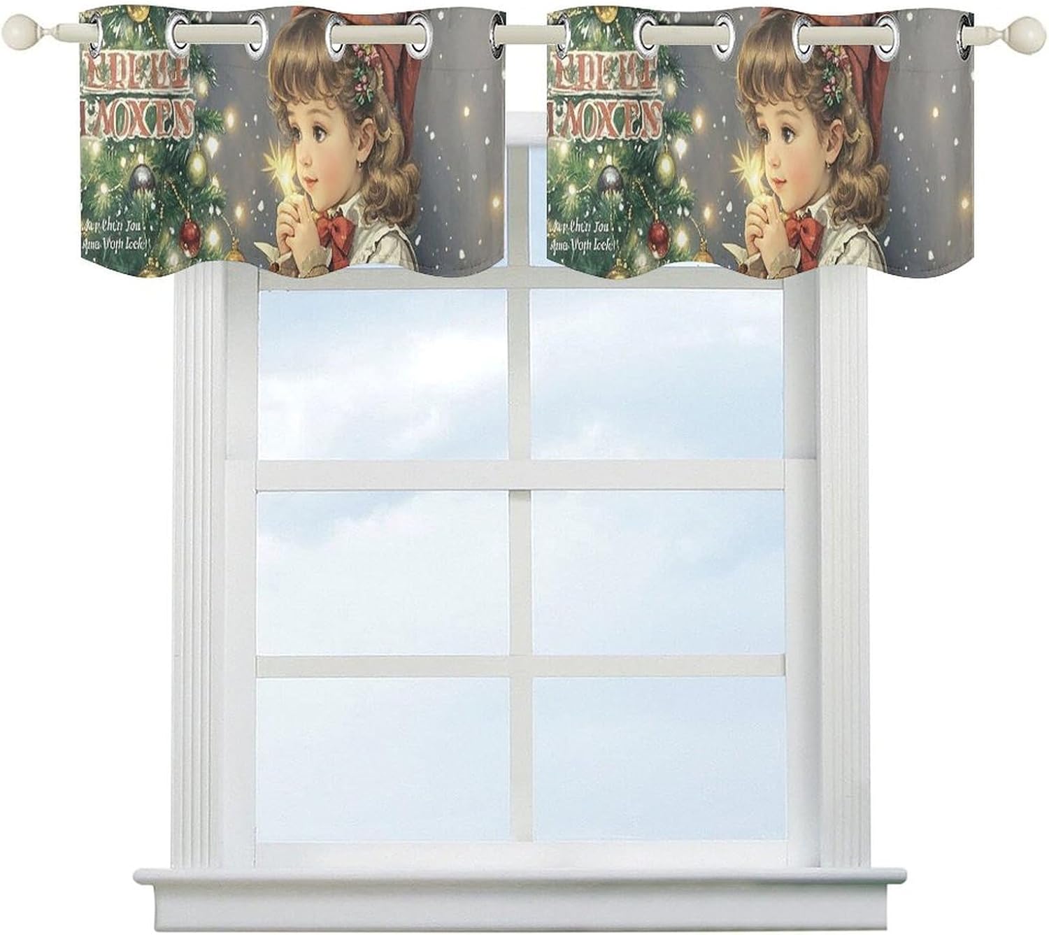 Retro Christmas Valance for Windows, 2 Pack Kitchen Curtains Modern Home Decor, Soft Blackout Window Curtains for Living Room & Bedroom, 18 X 52 Inch