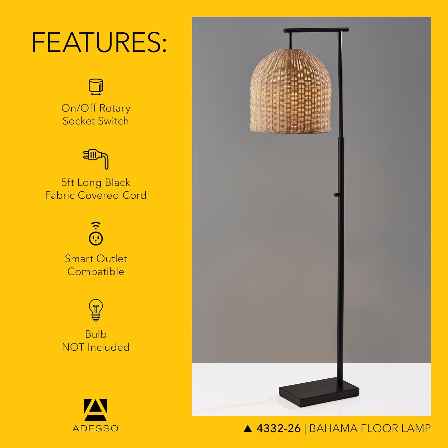 Adesso Floor Lamp with Dark Bronze Base and Rattan Lampshade – Modern Coastal Bedroom, Home Office Lighting, or Living Room Decor, 52” x 17”
