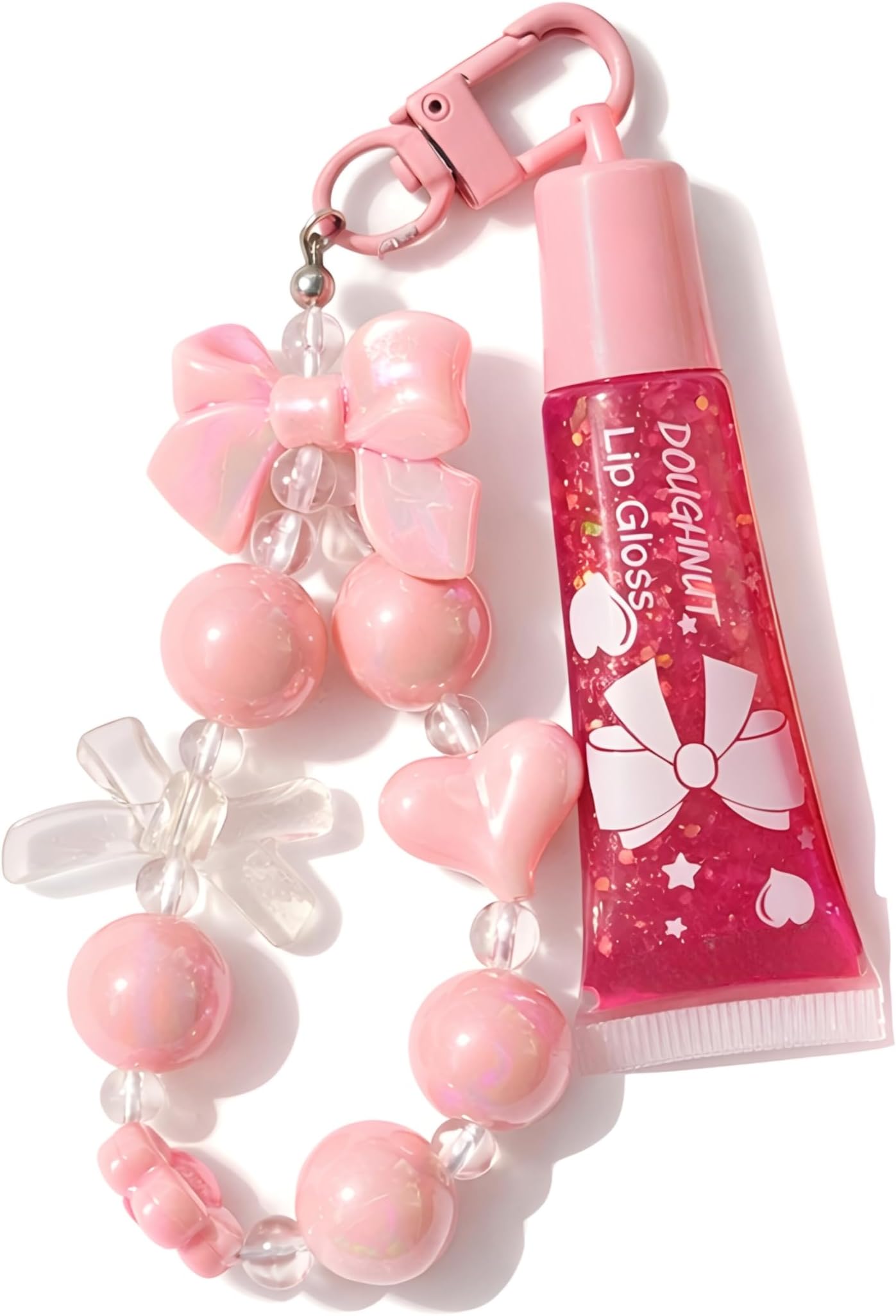 2 in 1 Lip Gloss Charm Keychain | Enriched with Strawberry and Shea Butter | Hydrating Watery Glossy Lip Shine | Cute Bag & Mobile Charm Keychain | Lightweight Non Sticky Pink Gloss for Daily Use