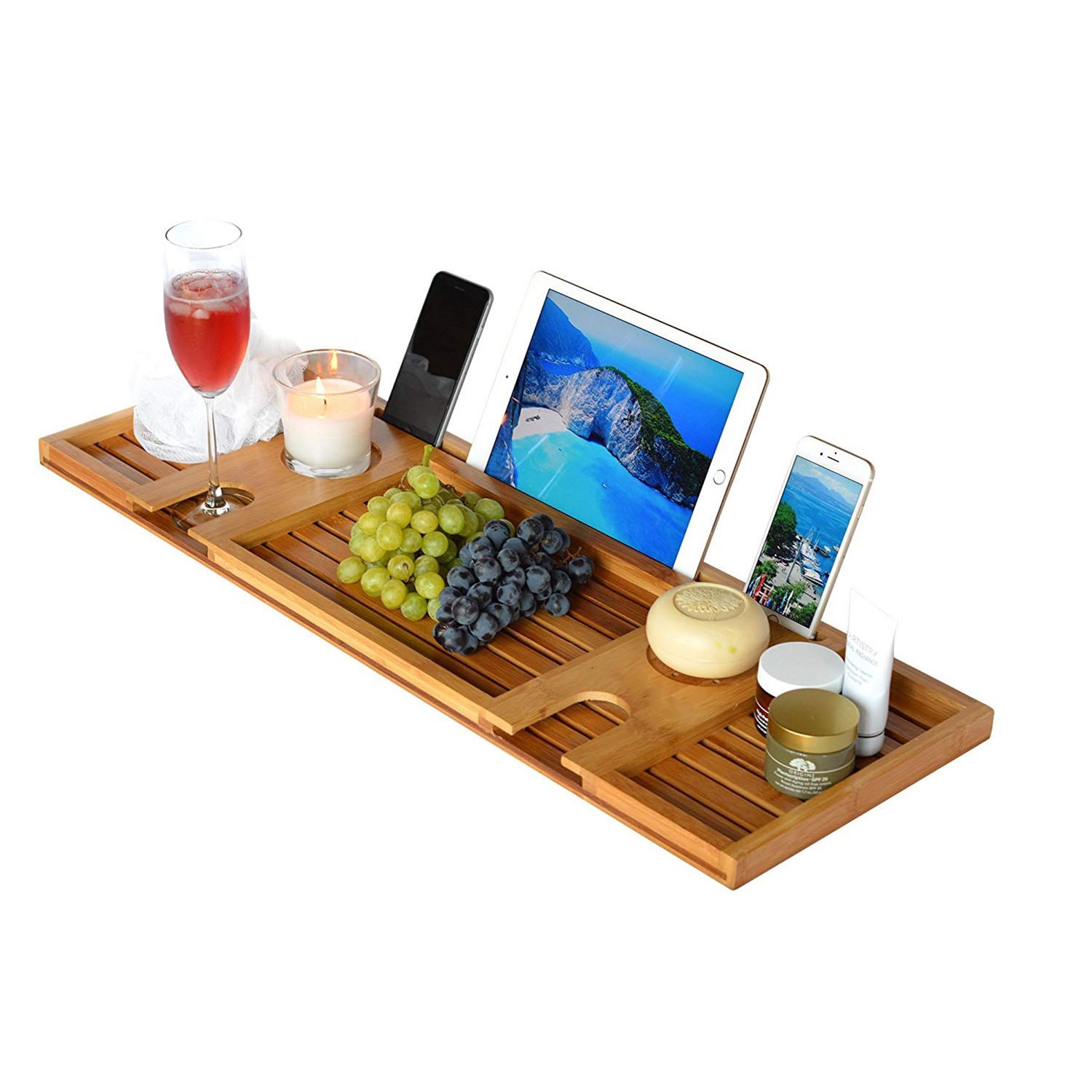 Vassoio Caddy in Vasca da Bagno in bambù, Mensola Bagno con Portasapone E Supporto iPad