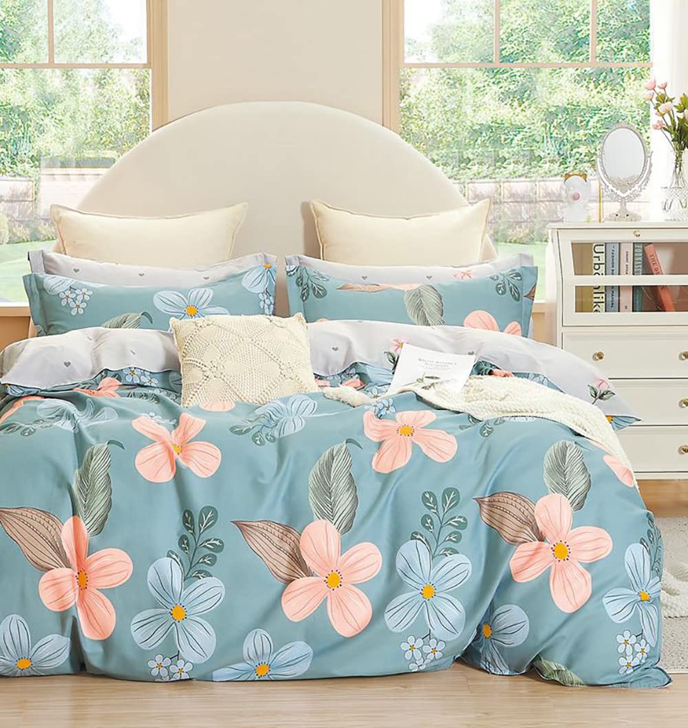 DECOMIZER Cotton Feel Glace Cotton Elastic Fitted Printed King Size Double Bed Bedsheet With 2 Pillow Coverm Fits Upto 8 Inches Mattress,Size- 72X78X10 Inches,Sky Peach Flower,300 TC