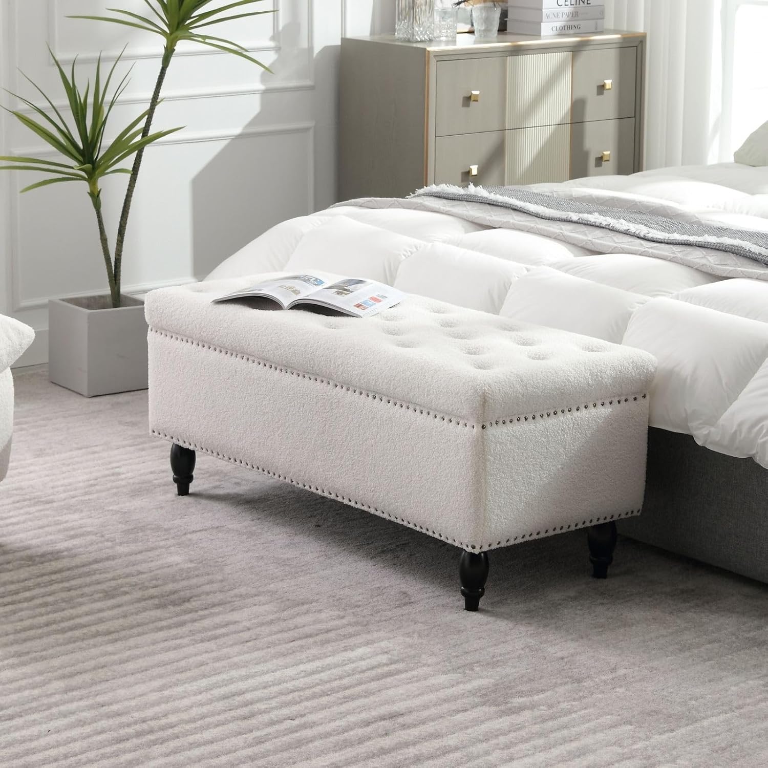 DUOMAY Modern Storage Ottoman Bench, White Sherpa Upholstered Rectangle Footstool for Bedroom Living Room Entryway