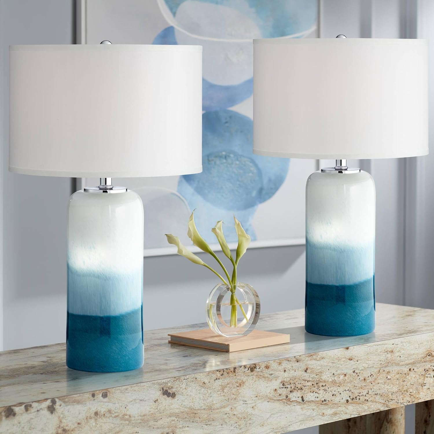 Possini Euro Design Roxanne 25" High Modern Coastal Table Lamps Set of 2 LED Night Lights White Blue Art Glass Fabric Shade Living Room Bedroom Bedside Nightstand House Office Home (Colors May Vary)