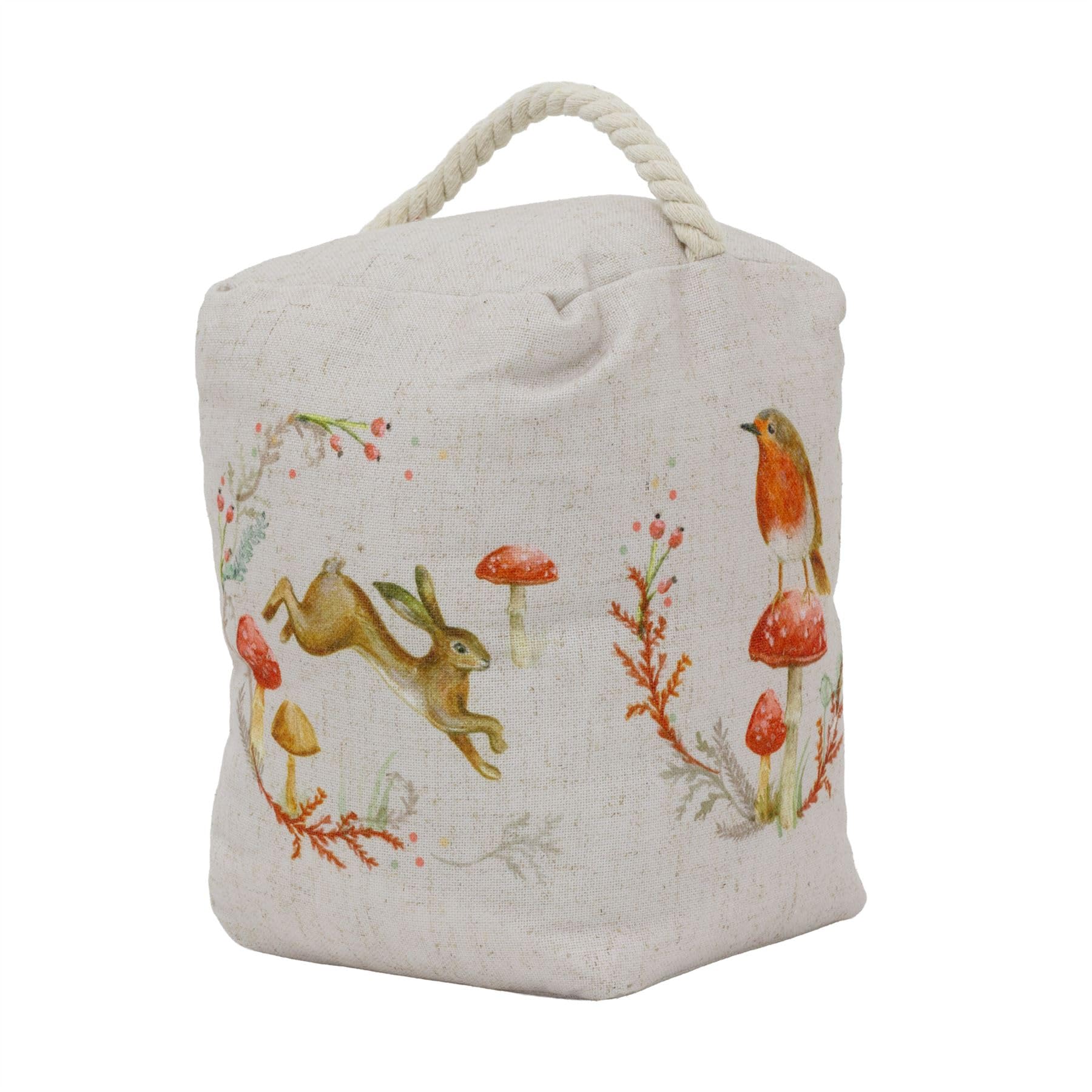 Woodland Animal Fabric Doorstop | Rustic Rabbit & Mushroom Design | Decorative Weighted Door Stop with Handle - 14x14x20cm