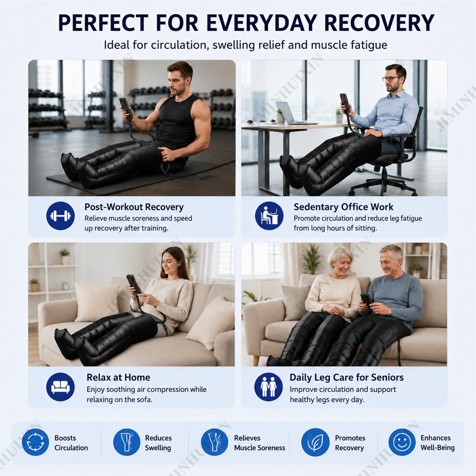 Masajeador de Piernas con Presoterapia,Botas de Compresión Aire Portátil | 6 Cámaras, 12 Modos y 60-270 mmHg Presión para Deportistas, Entrenamiento, Piernas Cansadas y Drenaje Linfático en Casa