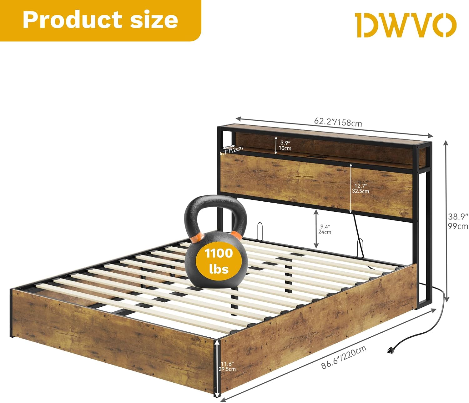 Diagram showing the dimensions of the DWVO Queen Size Lift Up Storage Bed Frame.