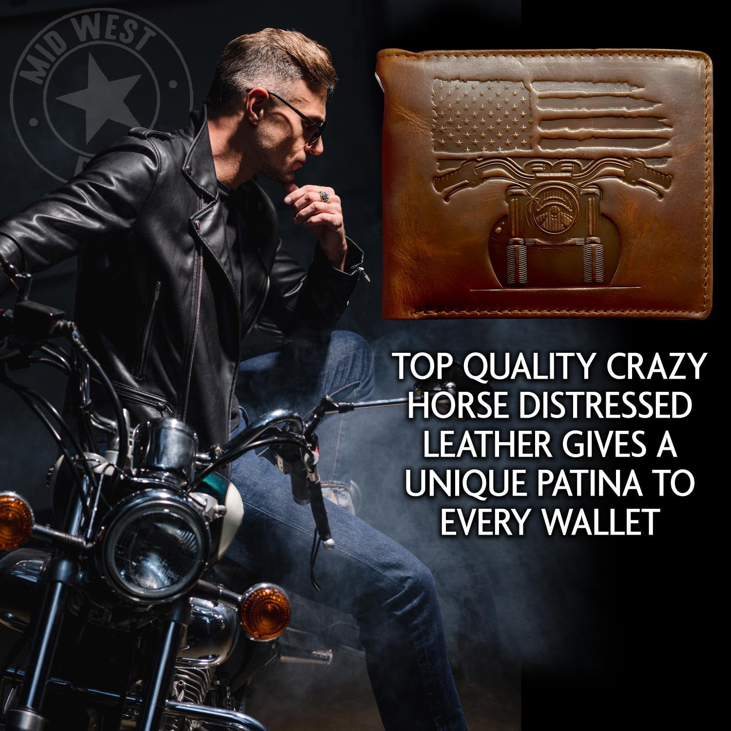 MID WEST RANGE - Cartera plegable patriótica con cadena para hombre, cuero marrón envejecido, bloqueo RFID, con 10 ranuras para tarjetas, soporte de identificación abatible, bandera estadounidense y