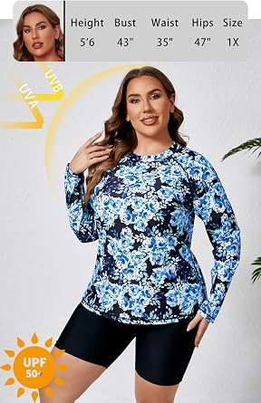 Halcurt Women Built in Bra Long Sleeve Rash Guard Plus Size 2 PC Swimsuit