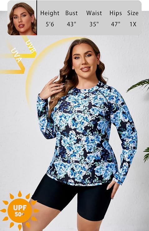 Halcurt Women Built in Bra Long Sleeve Rash Guard Plus Size 2 PC Swimsuit