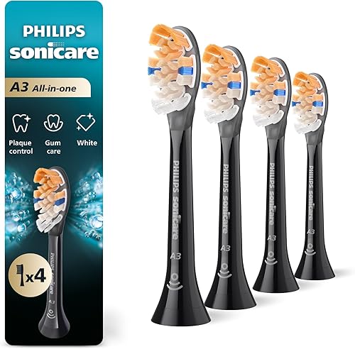 Philips Sonicare A3 All-in-One - Cabezales de cepillo de dientes eléctricos de repuesto genuino, negro, paquete de 4 unidades de suministro para un