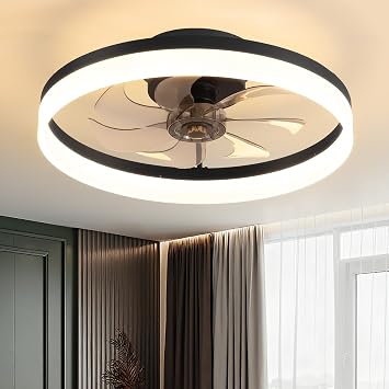 PUSU 19.7" Black Low Profile Ceiling Fans with Light, Bedroom Fan Lighting