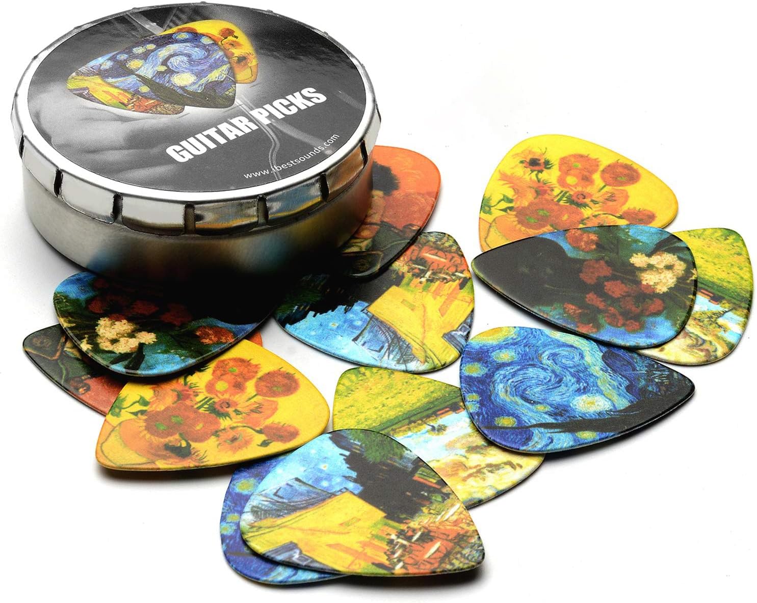 Van Gogh 12 Pack Guitar Picks with Real Leather Picks Holder - Celluloid Medium Plectrums Unique Gifts For Guitarist