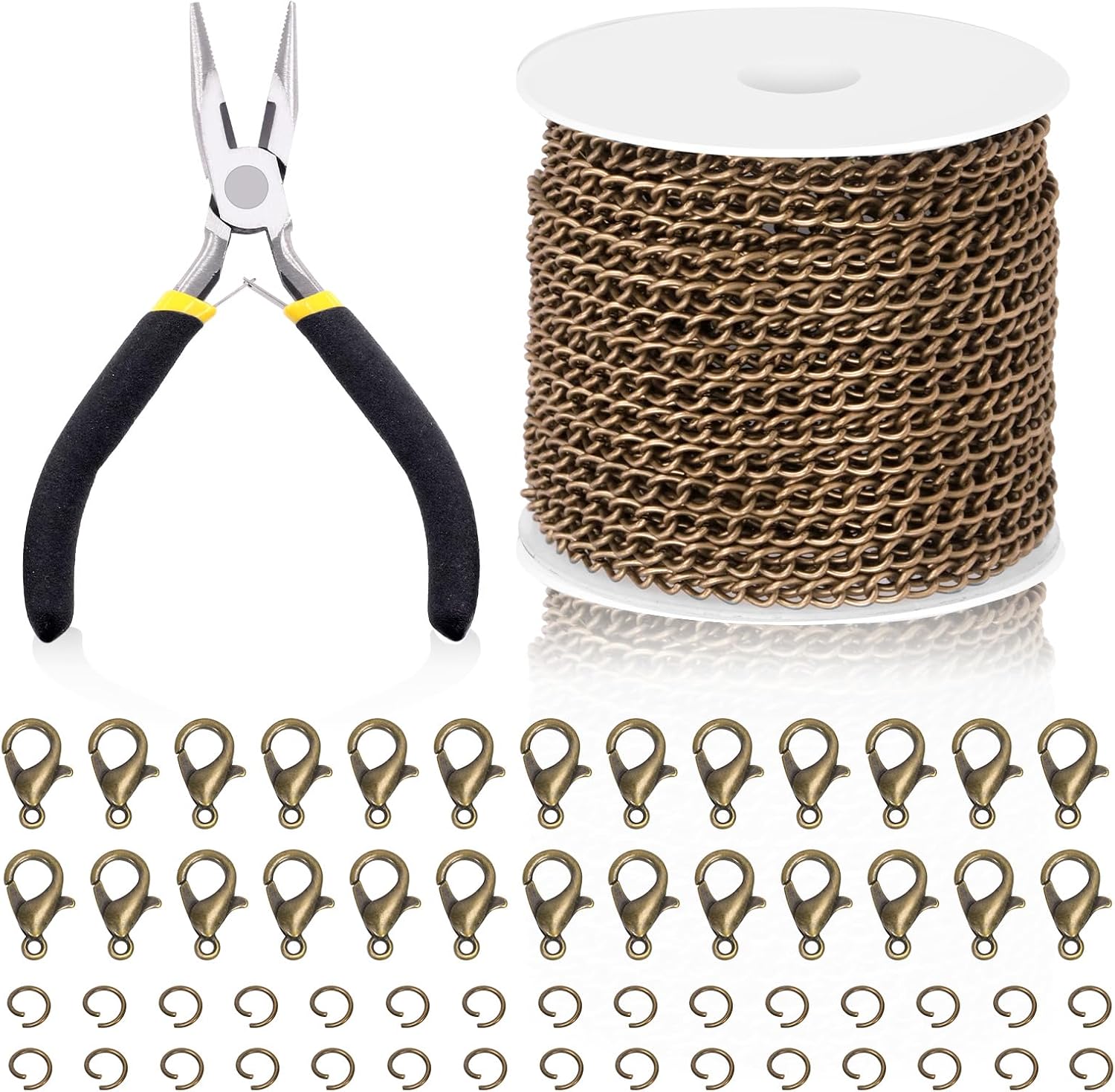 Swpeet 102Pcs Bronze 3mm by 10 Yard Length Jewelry Making Chains Kit with Jump Rings, Lobster Clasps and Jewelry Plier, Necklace Chains Flat Cable Link Chain Bulk Ideal for DIY Craft Jewel Making