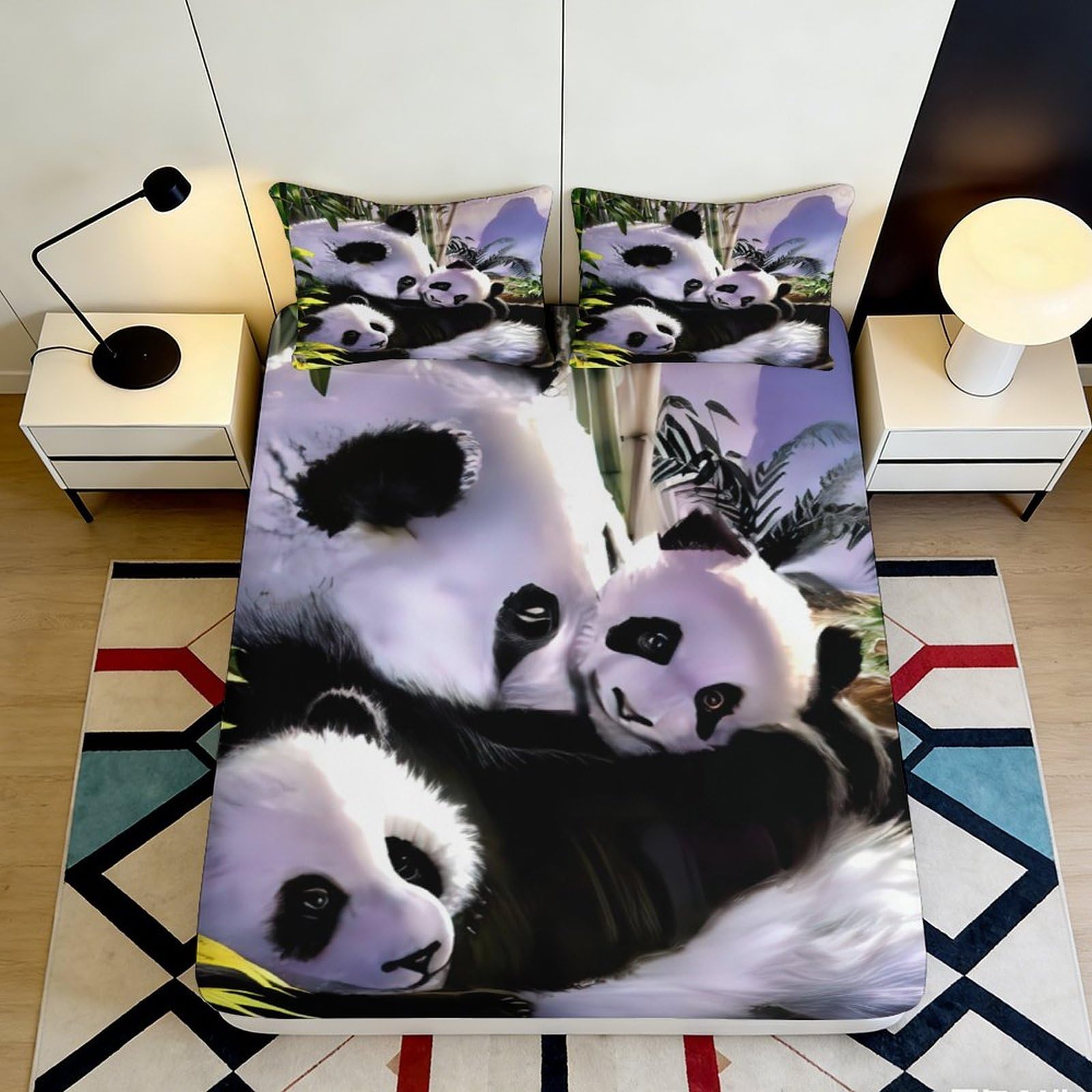 3D Printed Cute Panda Fitted Sheet Microfiber Soft Breathable Bamboo Leaves Mattress Cover for Bedroom Guest Room Decor 90x200x25cm