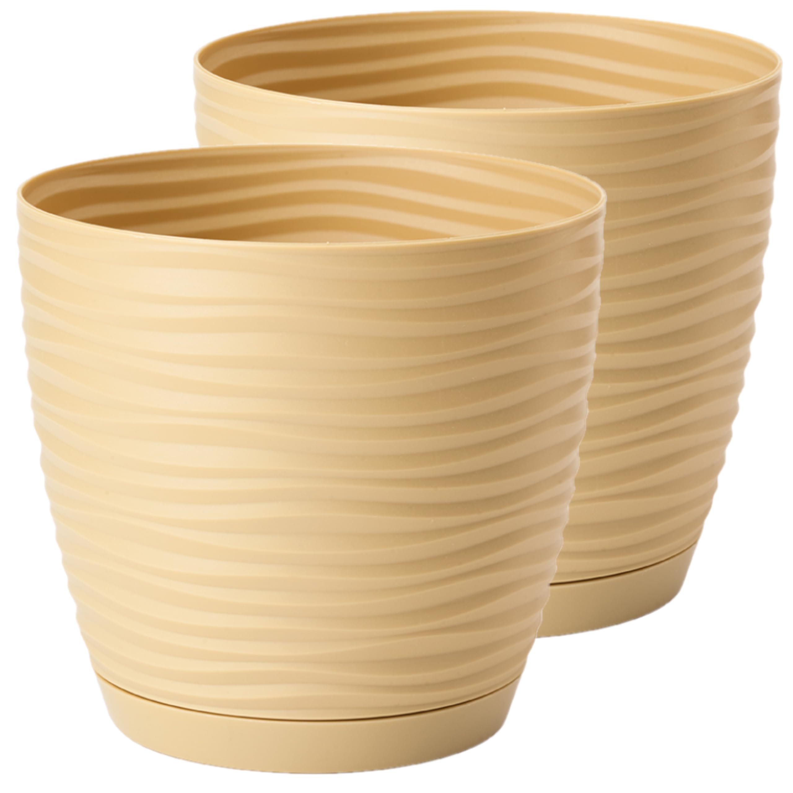 Home Garden Ornaments Large Plant Pots Indoor – Set of 2 Plastic Flower Pots with Saucer and Drainage Holes, Decorative 3D Wave Design (Mustard, 27cm / 10.6 inch) — image 1