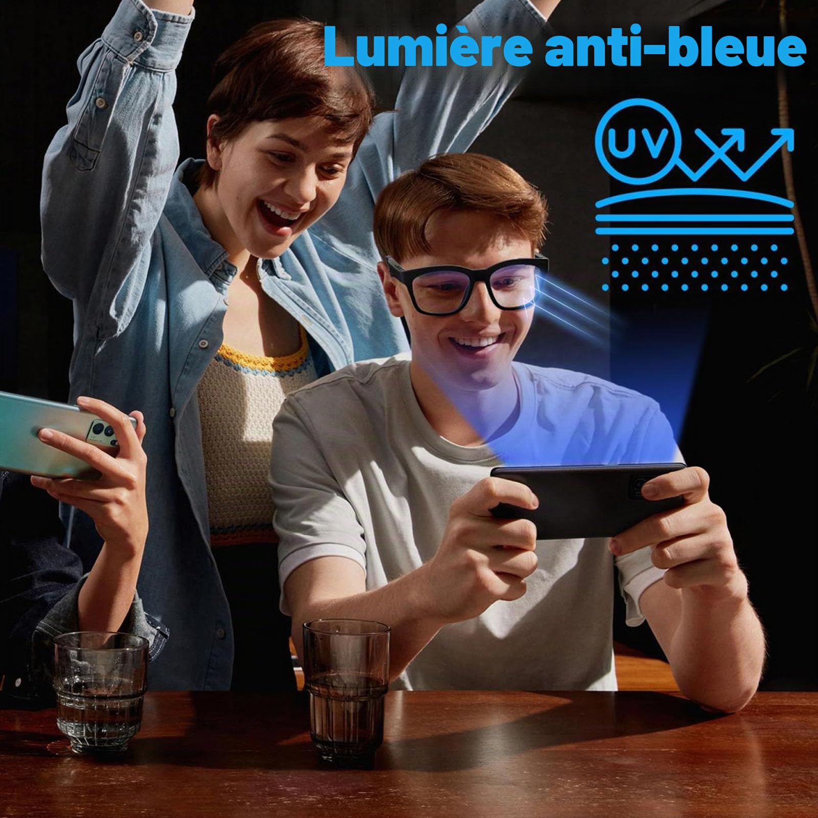 Asixxsix Lunettes Intelligentes, Lunettes Audio Bluetooth Antibruit avec Micro intégré, Filtre de Lumière Bleue, Lunettes Bluetooth Anti-Blocage Bleues Rechargeables pour Hommes et Femmes