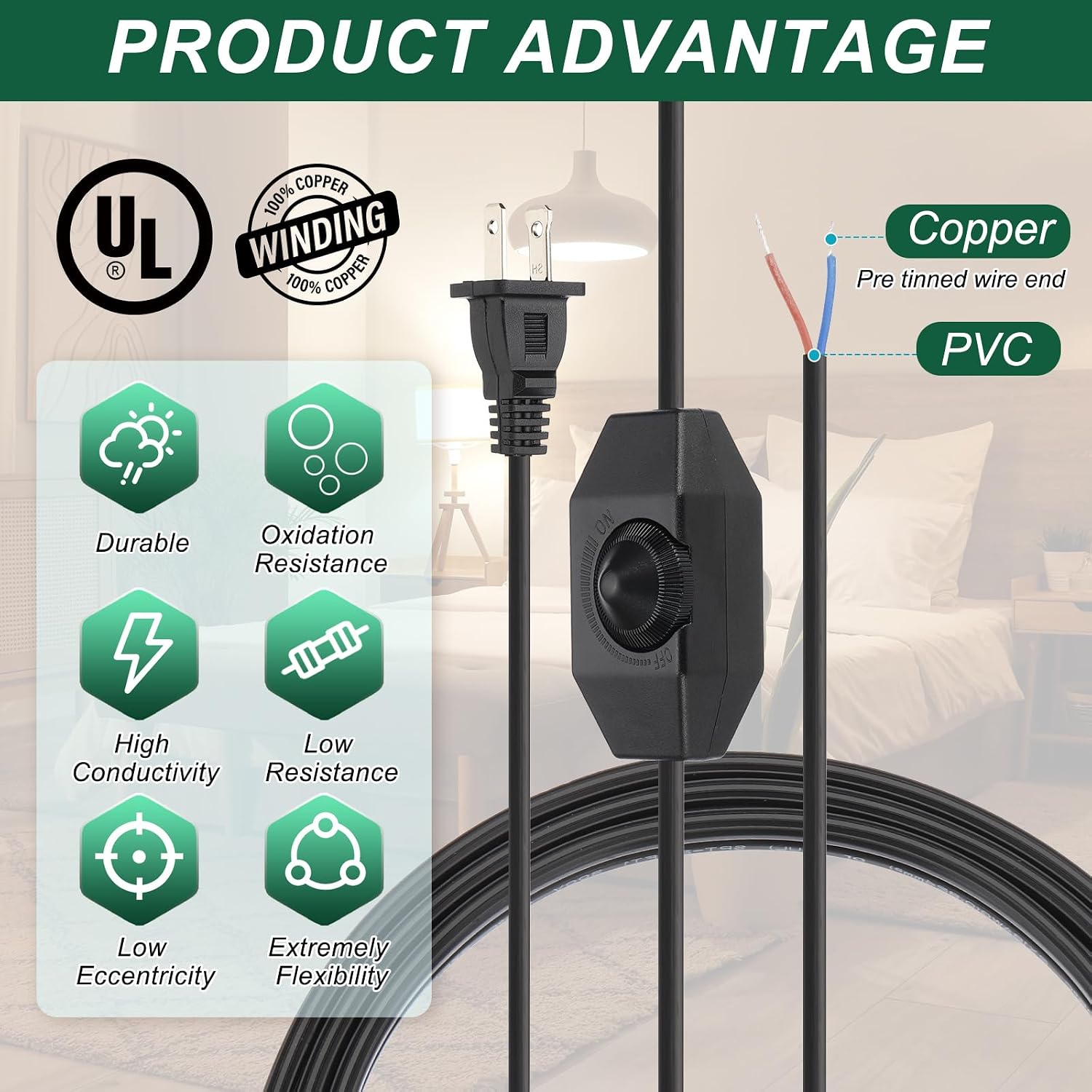 PATIKIL 6 Feet Lamp Cord with Plug, 1 Set UL List Lamp Power Cord with Full Range Rotary Lamp Switch Stripped Ends Ready for Table Lamp, Floor Lamp, Pendant Light, Incandescent, Black