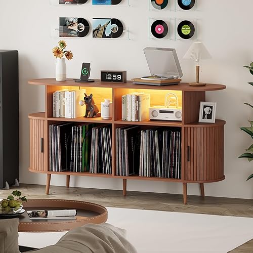Miniatura 8 de Soporte moderno para tocadiscos de mediados de siglo con almacenamiento, gabinete de almacenamiento de discos de vinilo y consola multimedia