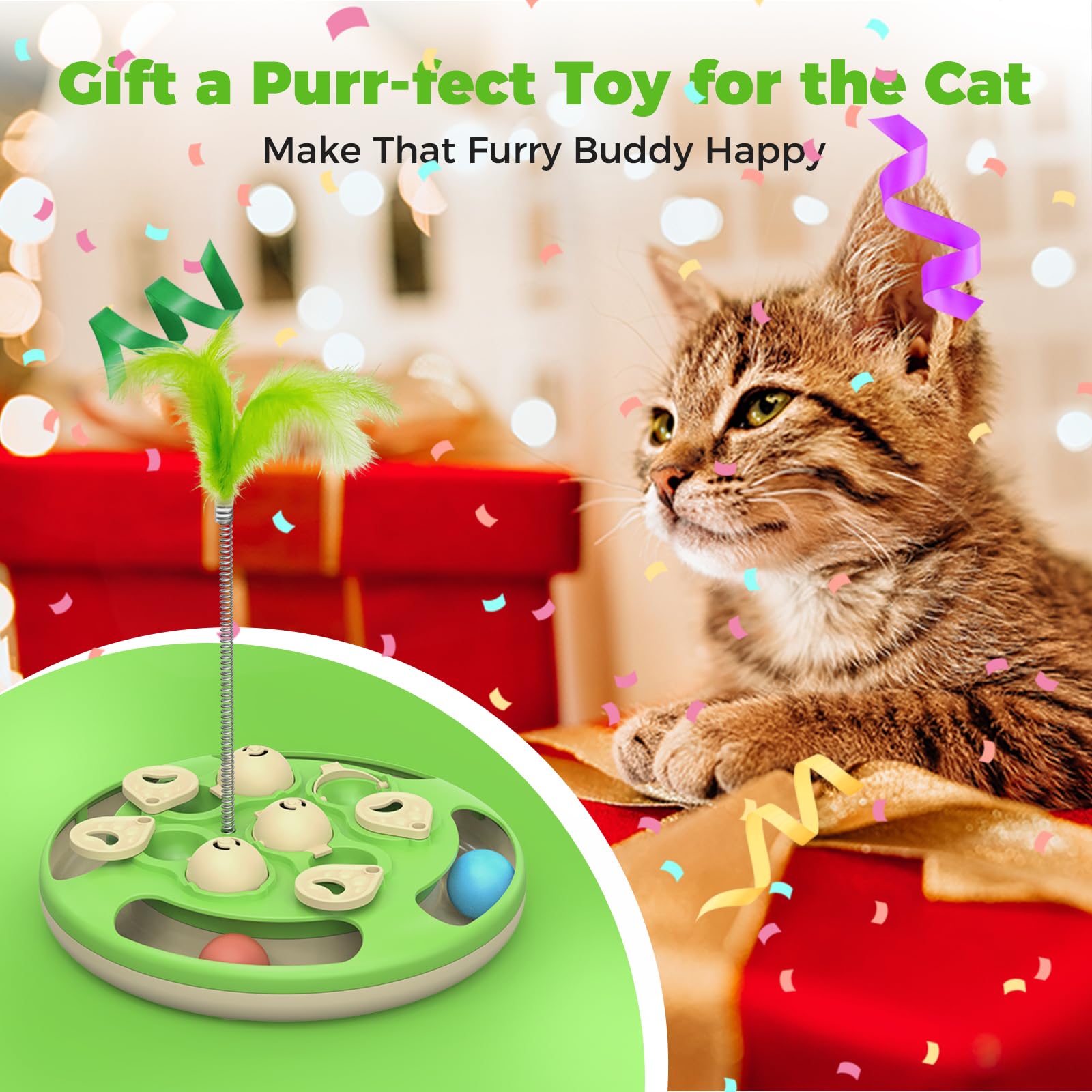 Giocattolo interattivo per gatti, livello 3 in 1, con palline di tracciamento, piuma e mangiatoia, base antiscivolo, arricchimento mentale per gatti da interni, regalo per gattini, verde