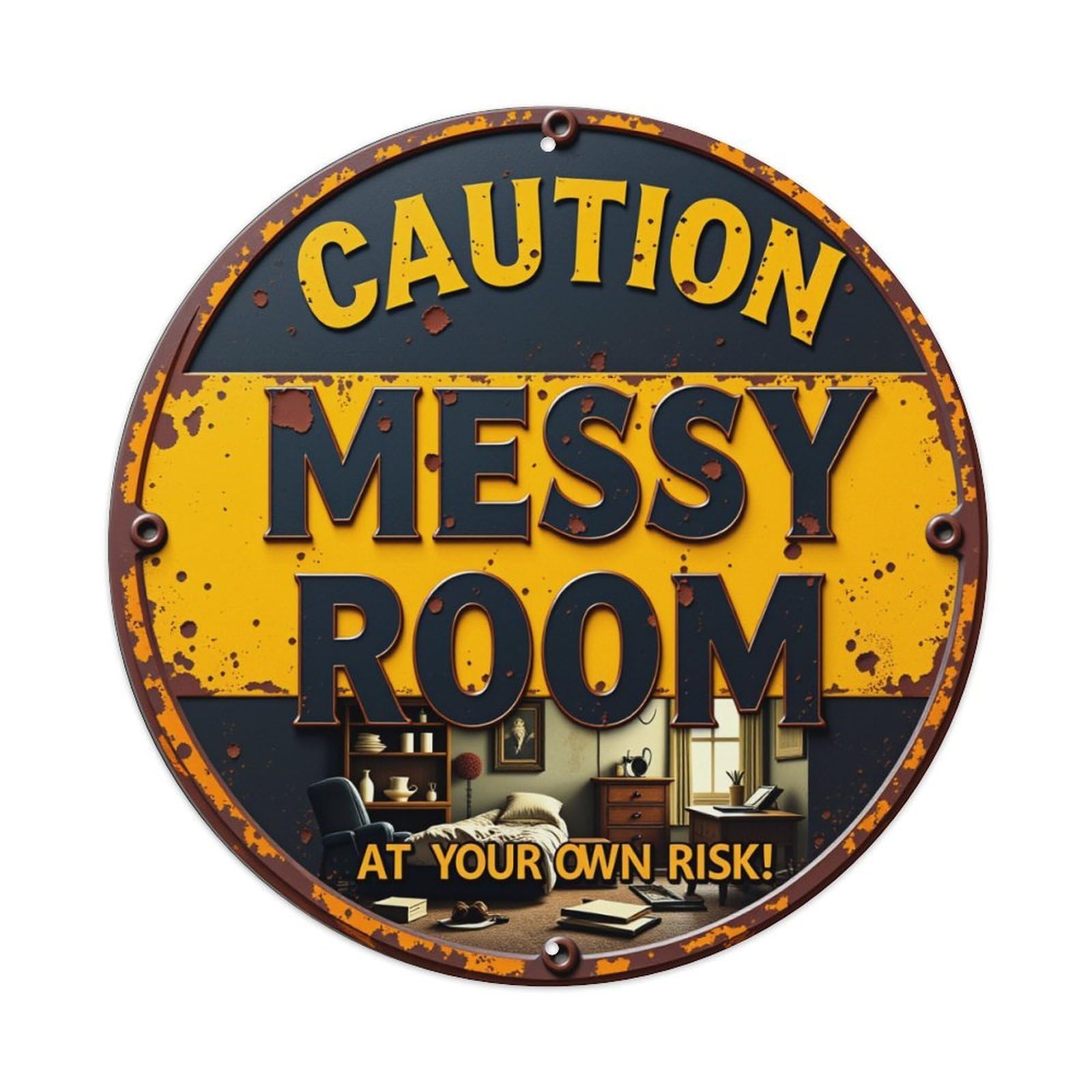 Caution Messy Room Warning Sign Vintage Round Tin Sign Retro Metal Wall Decor Metal Poster, Home Bar Garage Cafe Wall Art Decoration 8x8Inches