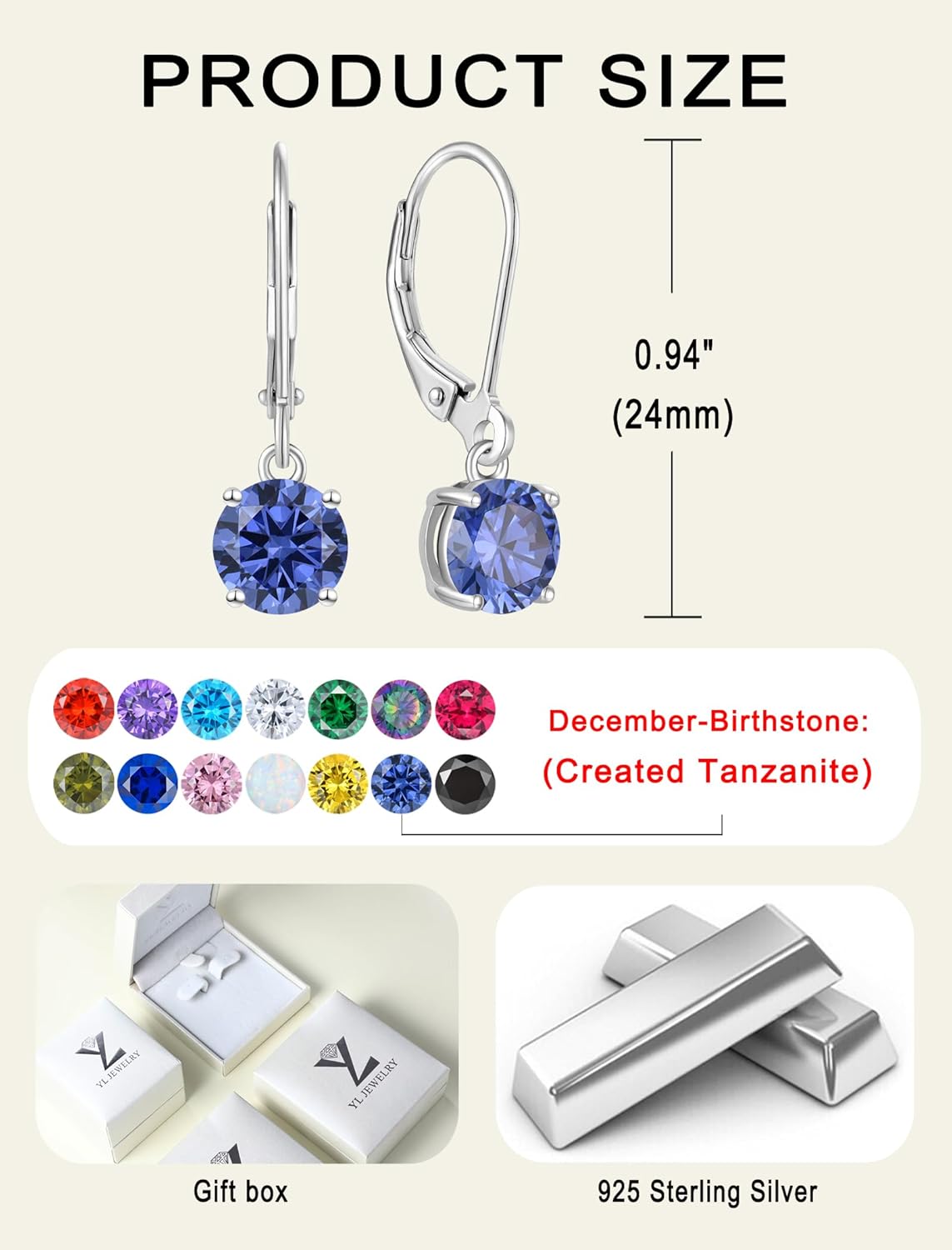 YL Women's Solitaire Dangle Drop Earrings 925 Sterling Silver Round Leverback Earrings Birthstone Jewelry - Image 6