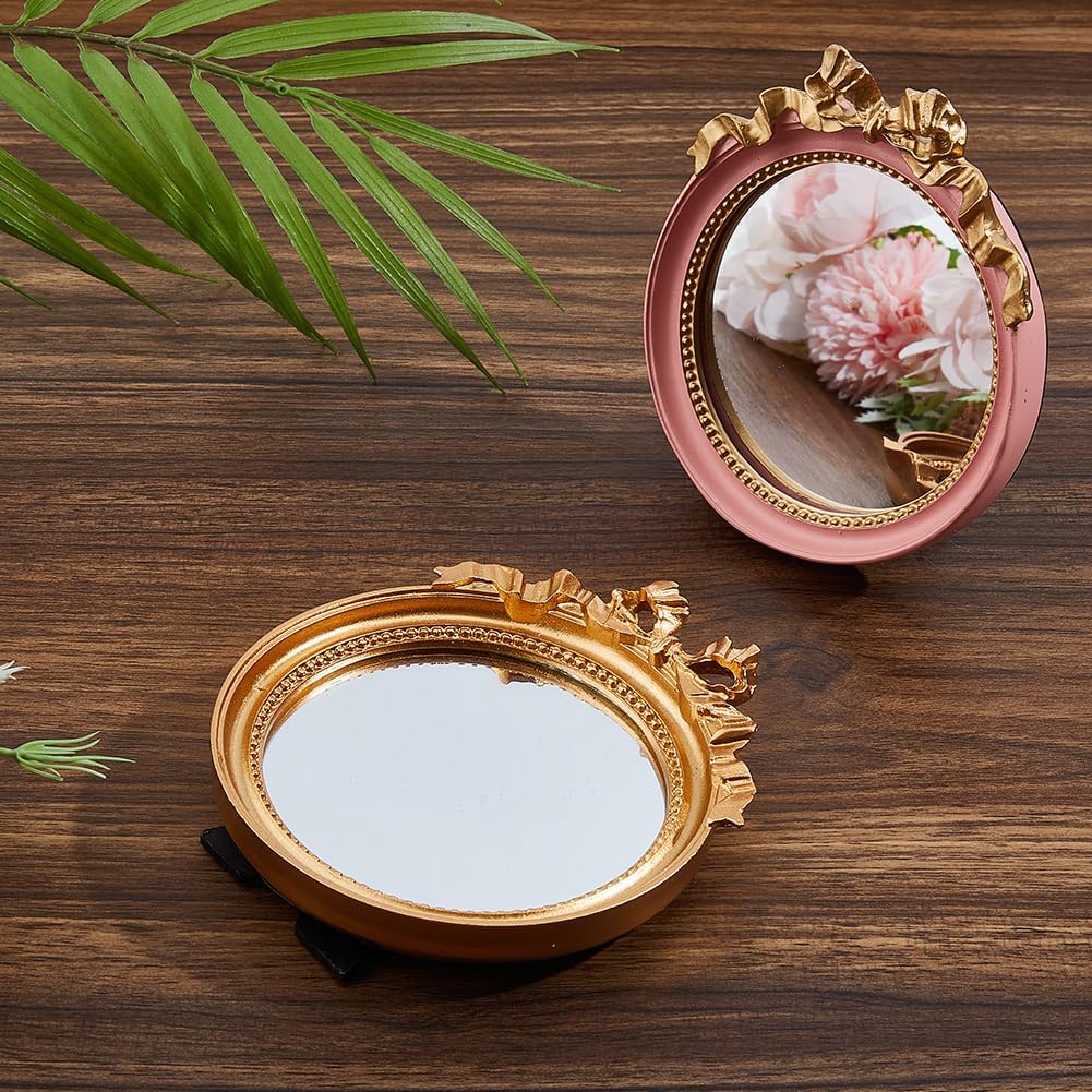 Small Vintage Gold Mirror Round Portable Bow Mirror 4.9x4.3 Inch/12.5x10.8cm Lightweight Resin Gold Desk Mirror for Women Make up Dressing Bedroom Table Decoration image 4