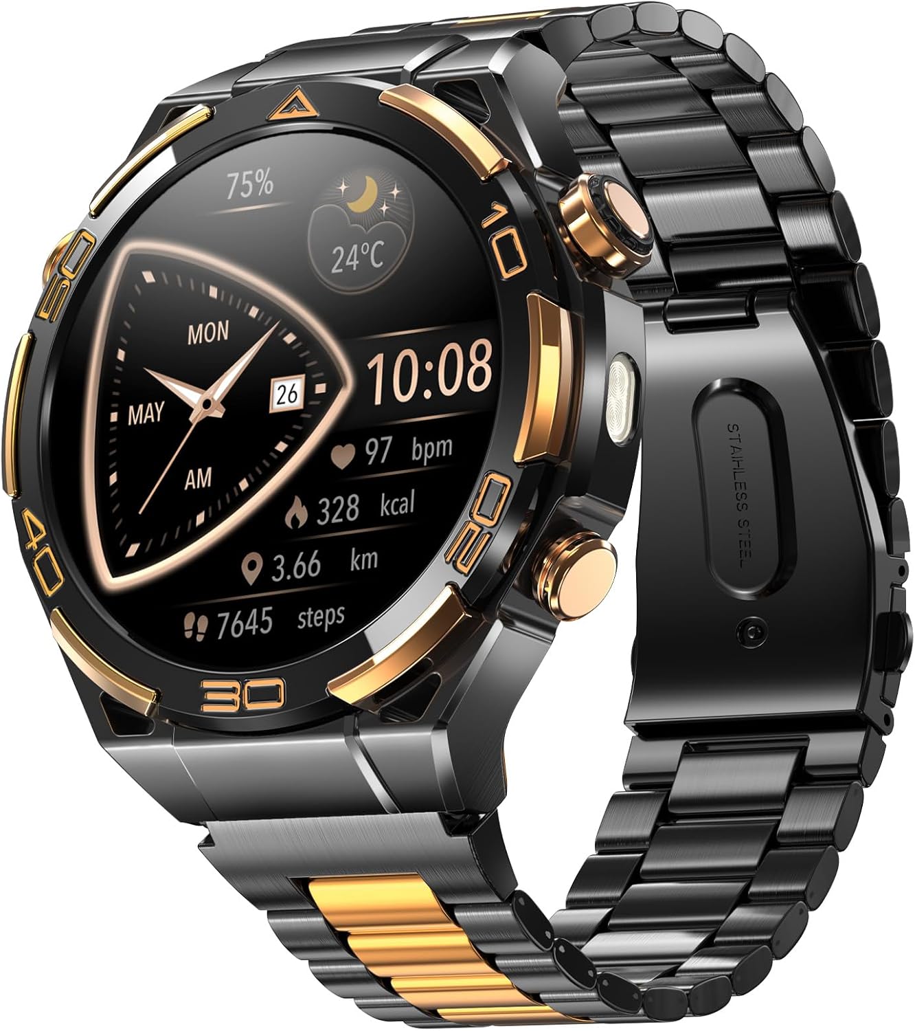 Blackview Smart Watch for Men, 14K Gold Plated Case AMOLED Display, Built-in GPS, Compass, LED Torch, 100-Day Battery, ChatGPT, BT Calling, Health Monitor, 120+ Sports, IP68 Waterproof for iOS Android