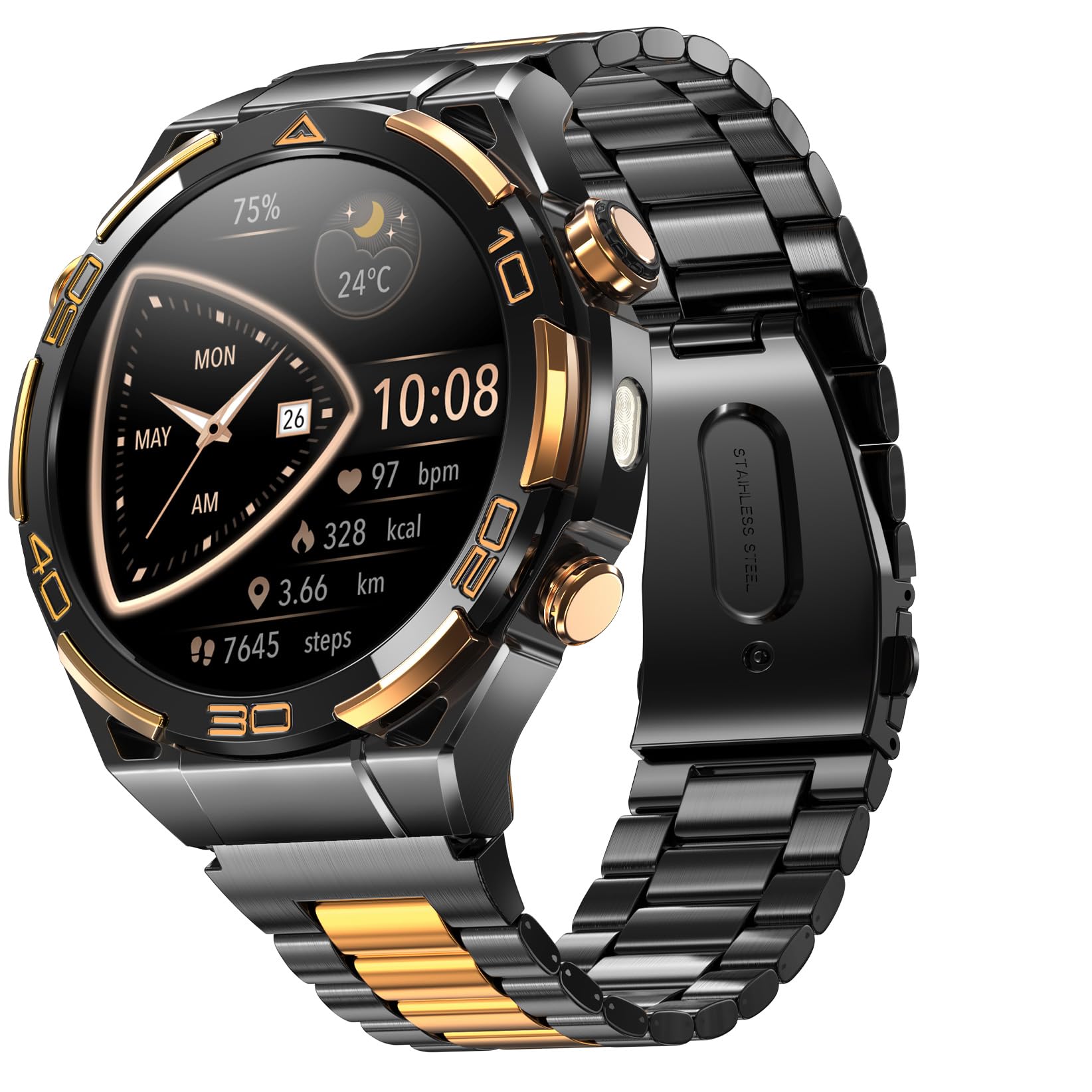 Blackview Montre Connectée Homme 14K Or Luxe avec IA ChatGPT, Écran AMOLED HD 1.43", GPS Intégré, Lampe de Poche, Boussole, Appels Bluetooth, Surveillance Santé, 100+ Modes Sport, pour Android et iOS