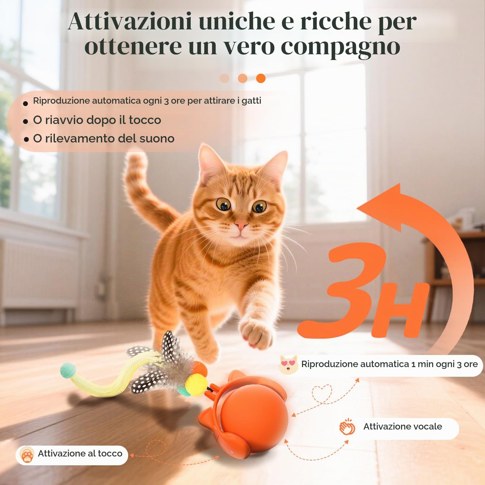 GoldenSun Giocattoli per Gatti, Palla Automatica Rotolante con Coda di Piume per Gatti da Interno, Giocattolo Attivato dal Movimento che Salta e Cinguetta, 3 Modalità Luce LED, Ricaricabile USB