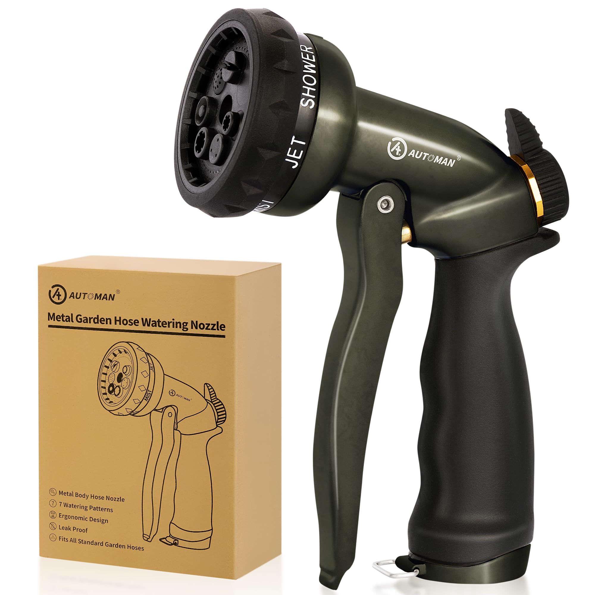 AUTOMAN Garden Hose Nozzle - 7 Patterns Sprayer, 100% Metal High Pressure Spray Nozzle, Labor-Saving Design, Heavy Duty Water Hose Nozzle for Garden Watering, Car Washing, Window Cleaning,Pets Bathing