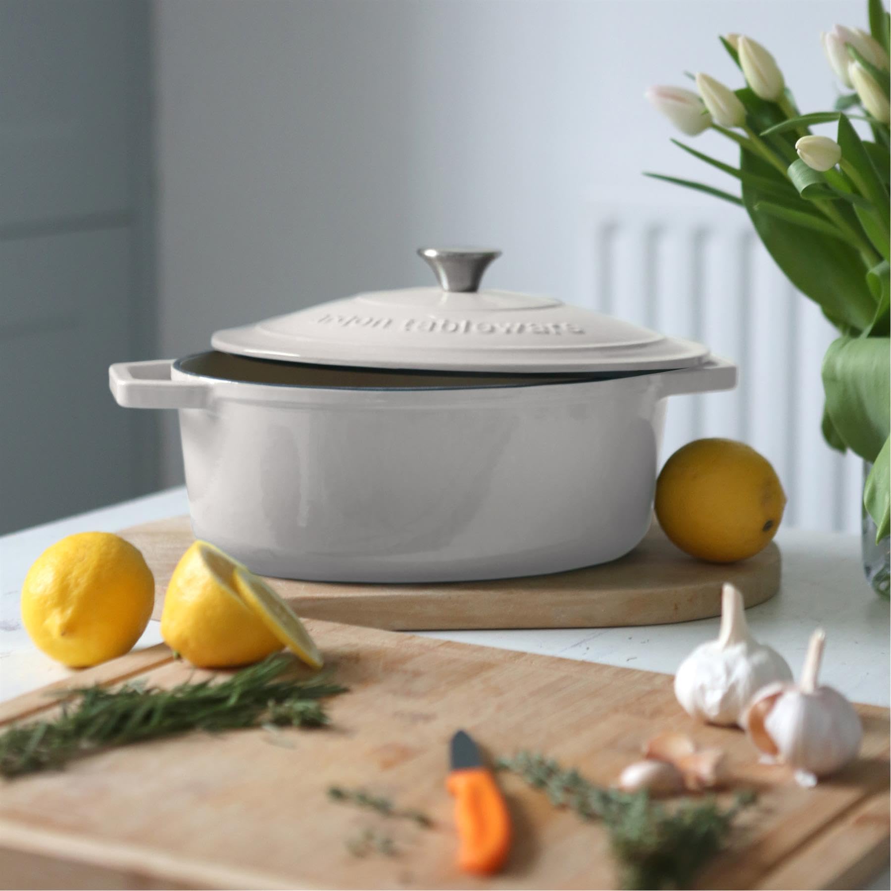 Argon Tableware 4.68L Oval Auflaufform aus Gusseisen mit Deckel - Kieselglanz - 1x Induktionskochfeld Kochen Schmortopf Brot Backen Portion Braten Eintopf Suppentopf Kochgeschirr Pfanne