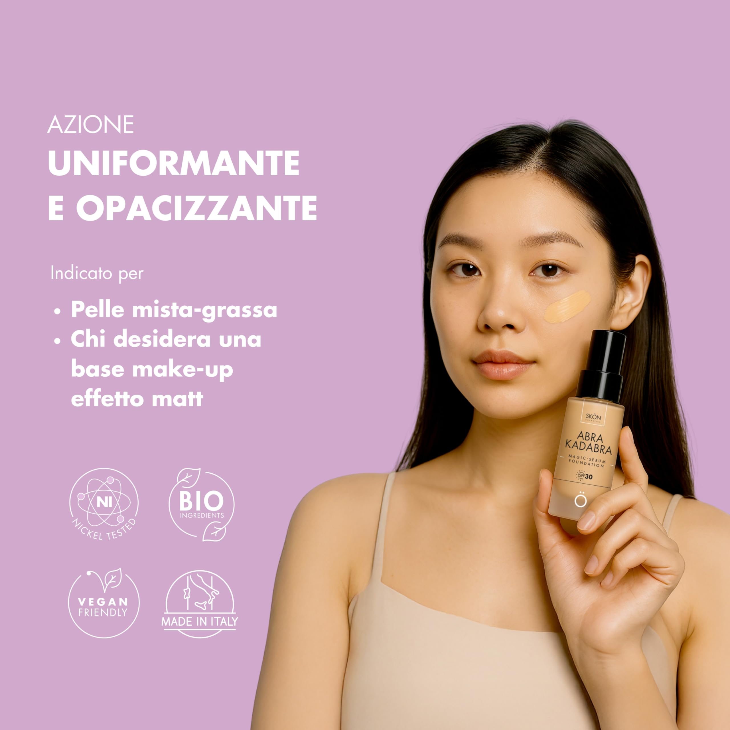 Skön Abrakadabra Soft Matt - Siero Fondotinta con Protezione Solare SPF30, Siero Viso Acido Ialuronico e Vitamina E, Fondotinta Solare Uniformante dal Finish Vellutato, per Pelle Mista e Grassa, 30ml