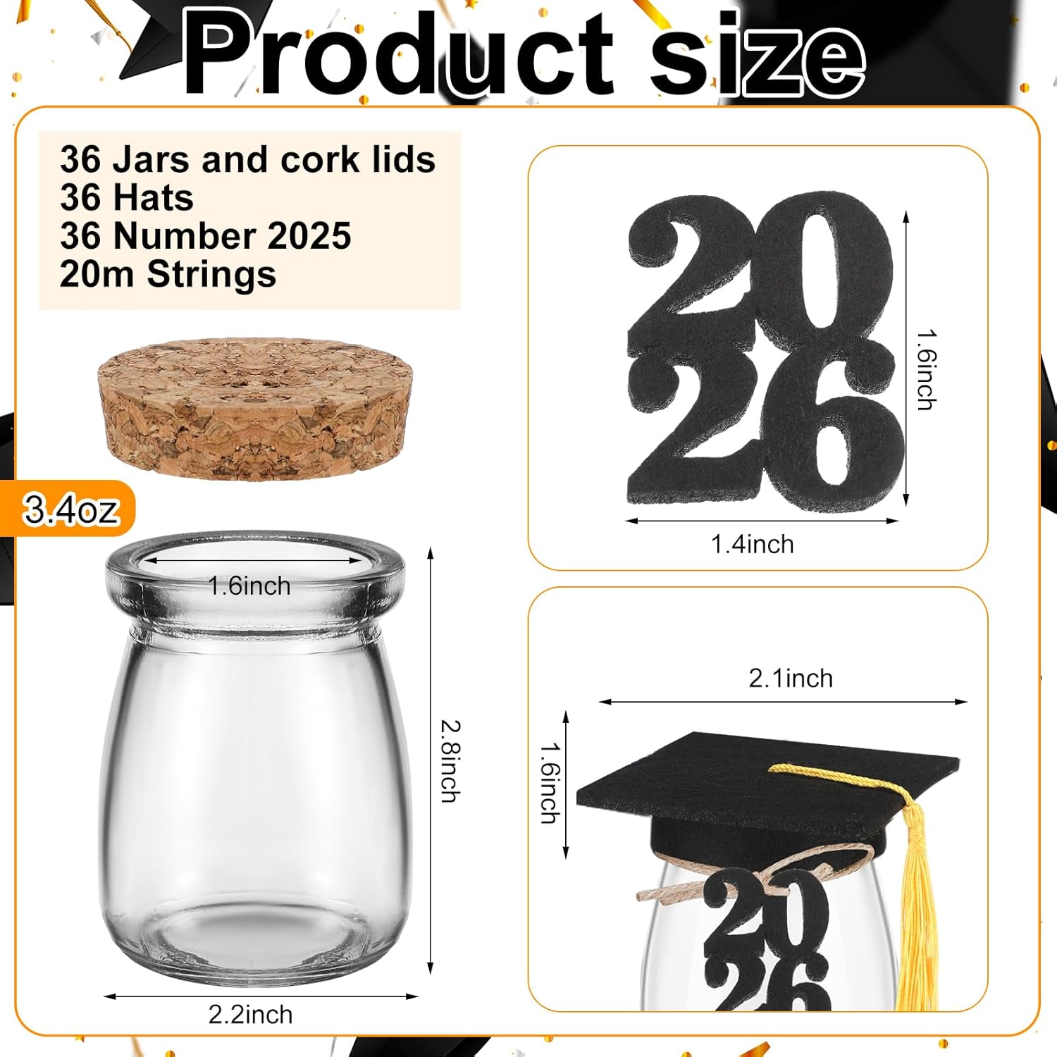 36 Sets Graduation Candy Jars Bulk 2026 Graduation Cap Gift with Pudding Glass Jars and Tassel Felt Grad Cap Felt 2026 Number Kit for Graduate Wishes Party Favors Decoration Supplies
