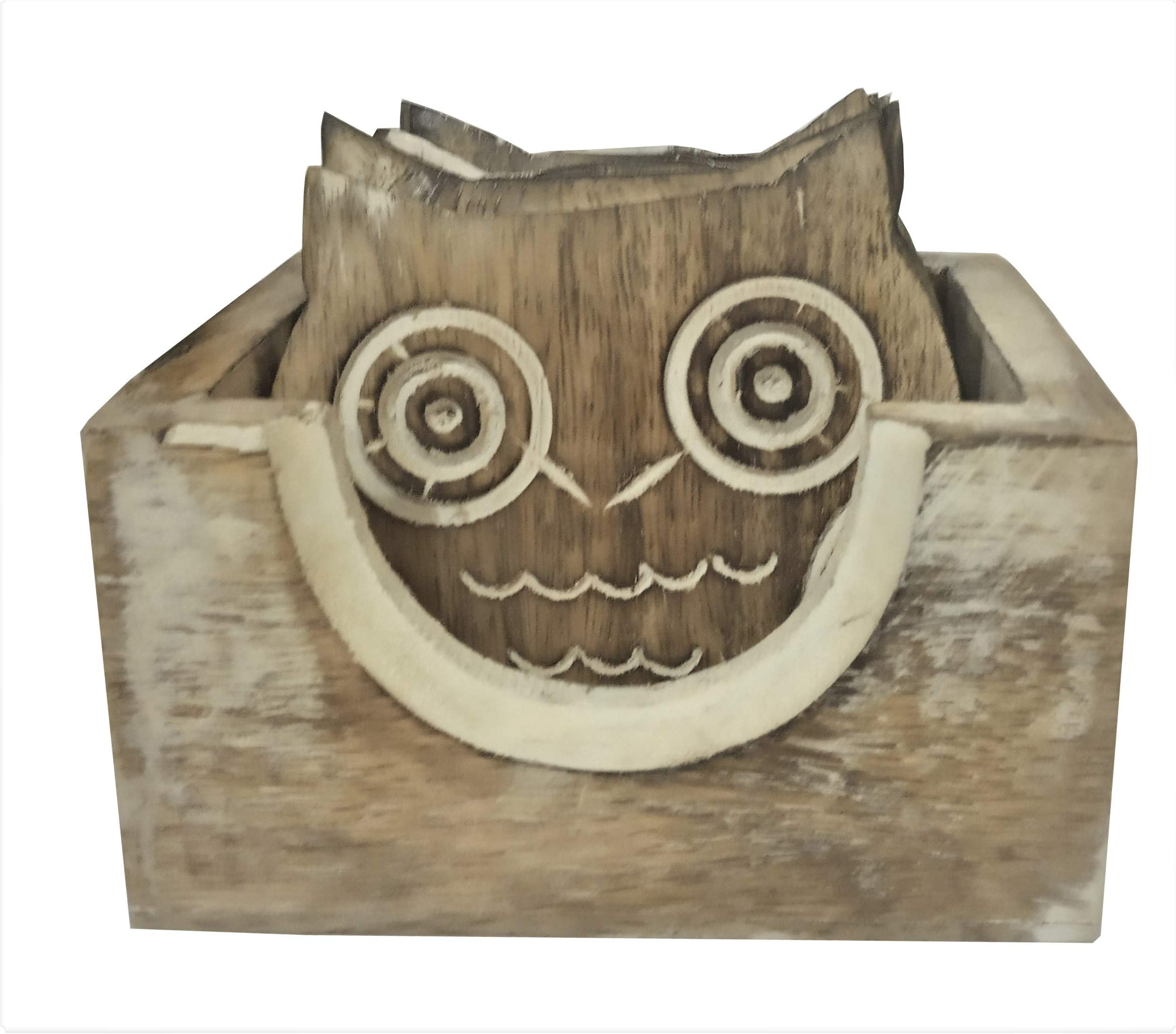Purpledip Wooden Coaster Set 'Night Owl': 6 Owl Design Coasters in Distress Finish (12023), Brown