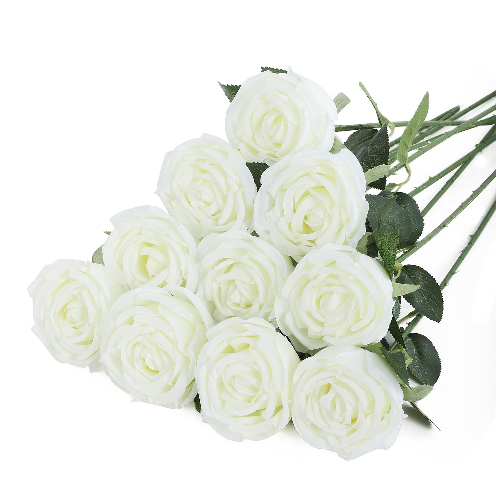 DuHouse 10pcs Fake Roses Artificial Silk Flowers Flower Long Stems Bouquet for Arrangement Wedding Centerpiece Party Home Kitchen Decor(White Ivory)
