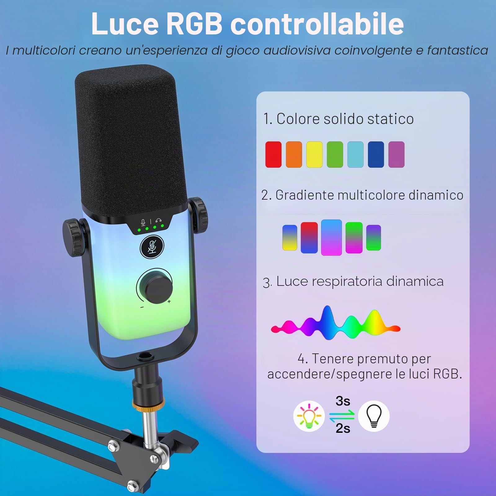 zealsound Microfono PC, Microfono USB per telefono tablet con RGB per streaming podcast, registrazione, ASMR, microfono per computer con cancellazione del rumore, pulsante mute, supporto per braccio