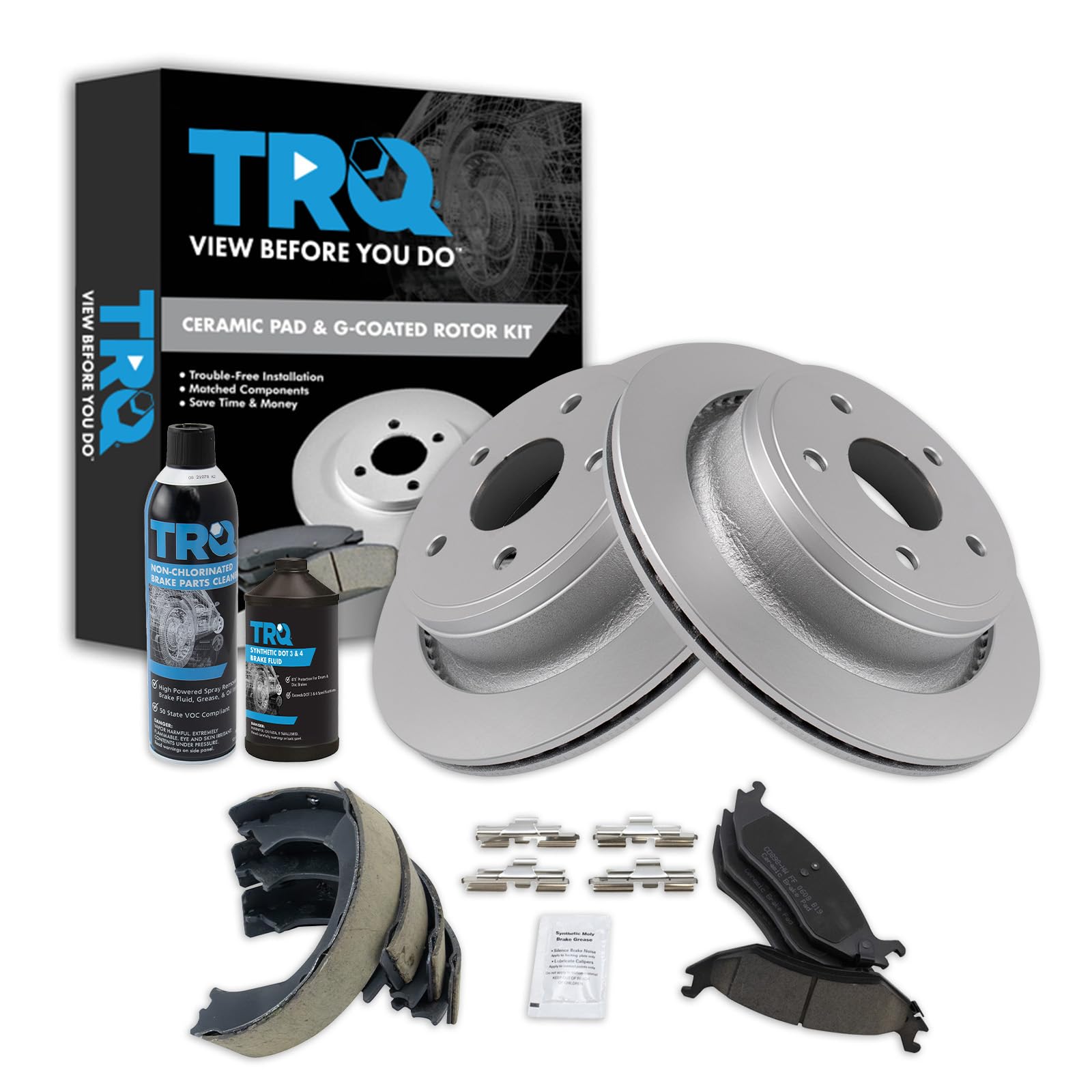 TRQ Rear Brake Pad &amp; Rotor Kit, with Chemical Kit Parking Brake Shoe Set Ceramic Premium G-Coated Compatible with 2003-2004 Dodge Ram 1500