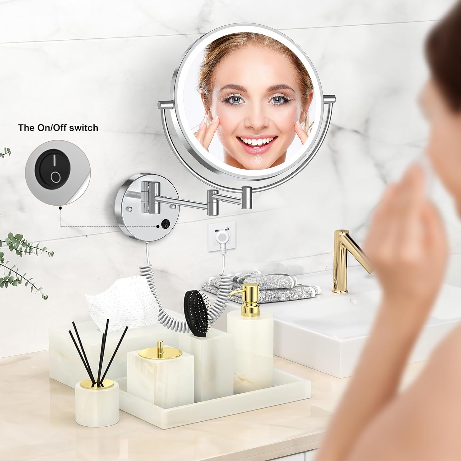 Rocollos 9" Plug-in Wall Mounted Lighted Makeup Mirror 1X/10X Magnification, Super Large Double Sided LED Vanity Mirror for Bathroom, 3 Color Dimmable 360°Swivel Extendable Shaving Cosmetic Mirror - Image 2