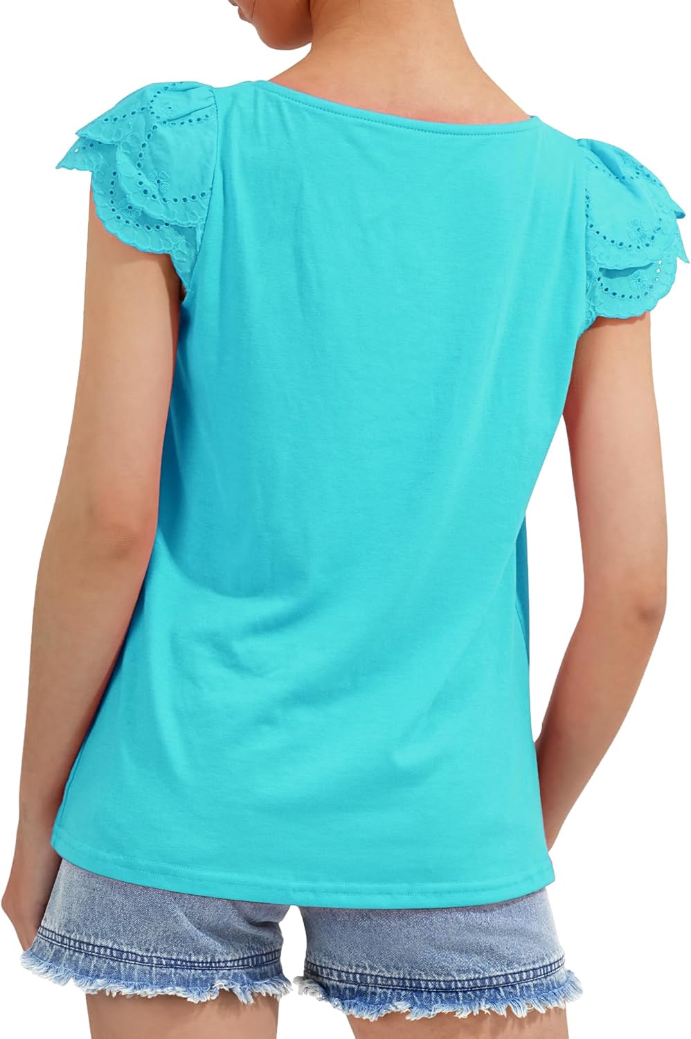 KEREDA Girls Short Sleeve Shirts Summer Tunic Tops Lace Openwork Ruffled Girls Cute Square Neck Clothes Blouse 5-14 Years - Image 5