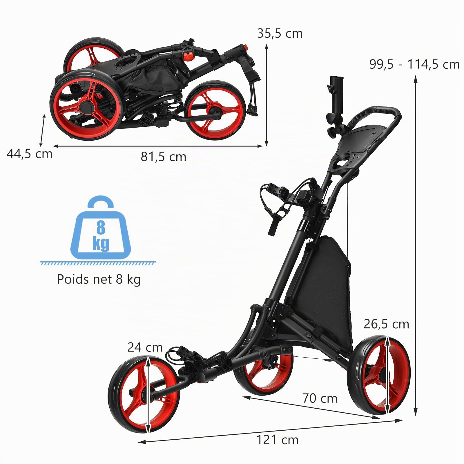 COSTWAY Chariot de Golf Pliable à 3 Roues Sangle Elastique, Porte-Parasol Réglable et Porte-gobelet Sac de Rangement Recouvert d'Aluminium pour Clubs de Golf Rouge/Vert/Bleu/Gris