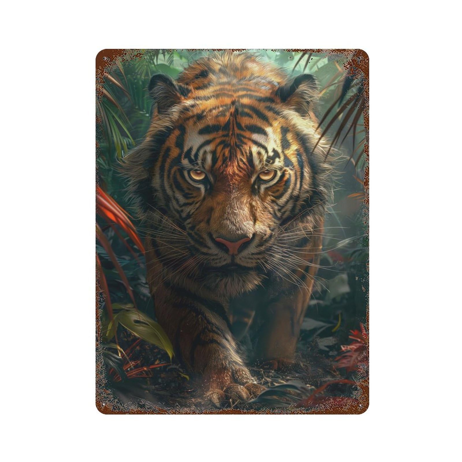 Tiger in Tropical Forest Rusty Metal Tin Sign 15.7"x11.8", for Shed, Workshop And Garage Wall Decor, Shabby Chic Decor