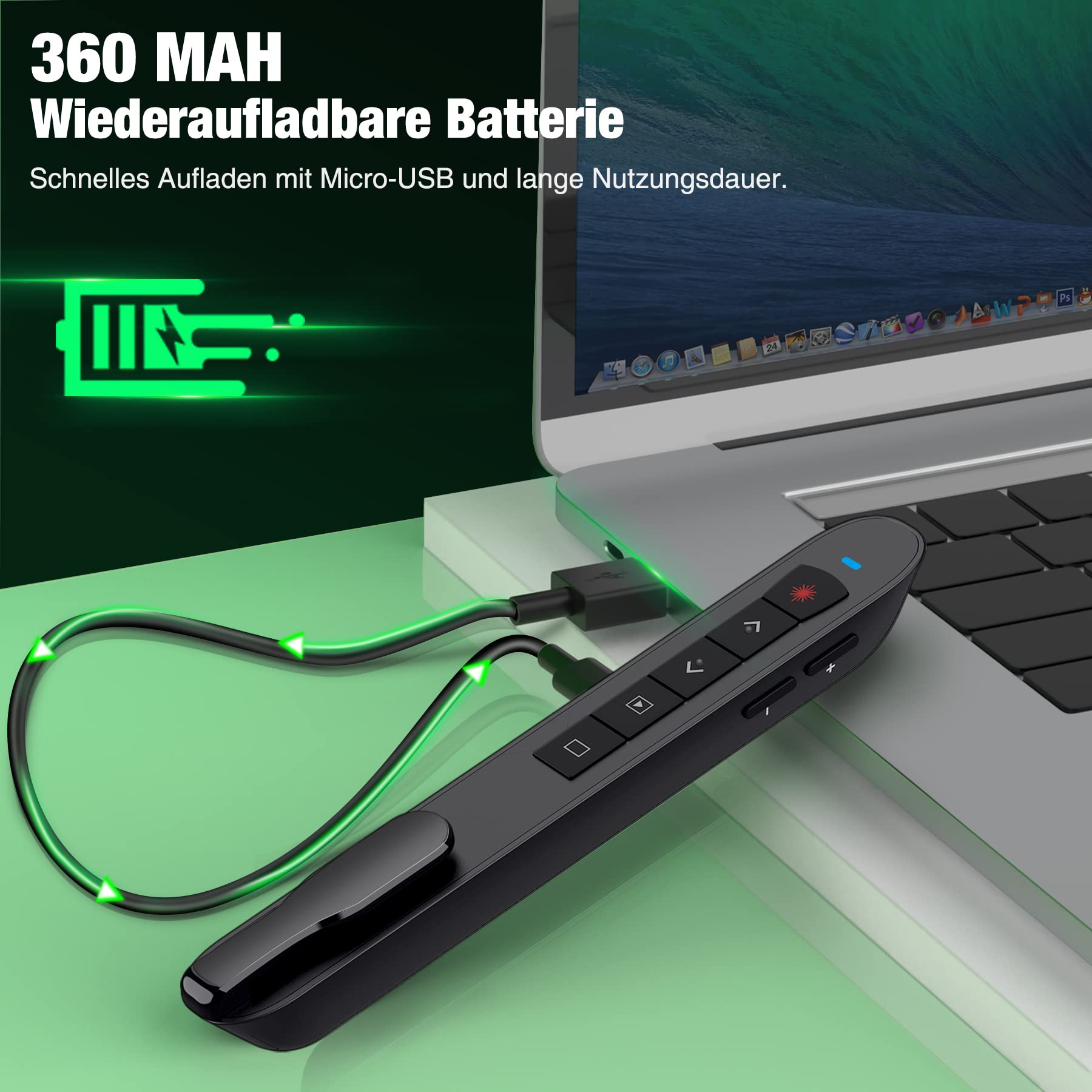 HASACOOL Presenter, Grün Licht Pointer für präsentationen, 2,4 GHz Wireless Powerpoint Fernbedienung, Wiederaufladbar Präsentationsfernbedienung mit Stiftclip für Windows,Mac IOS,Android,Vista,Linux