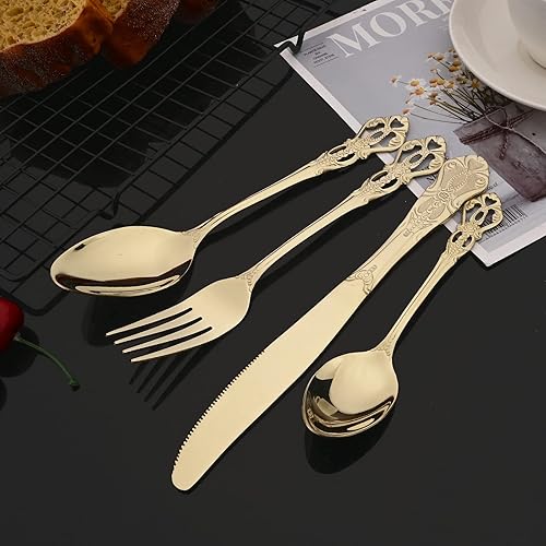 Miniatura 7 de JASHII 304 Royal Palace - Juego de cubiertos vintage de acero inoxidable para 4, 32 piezas, mango hueco en relieve, juego de tenedores y cuchillos