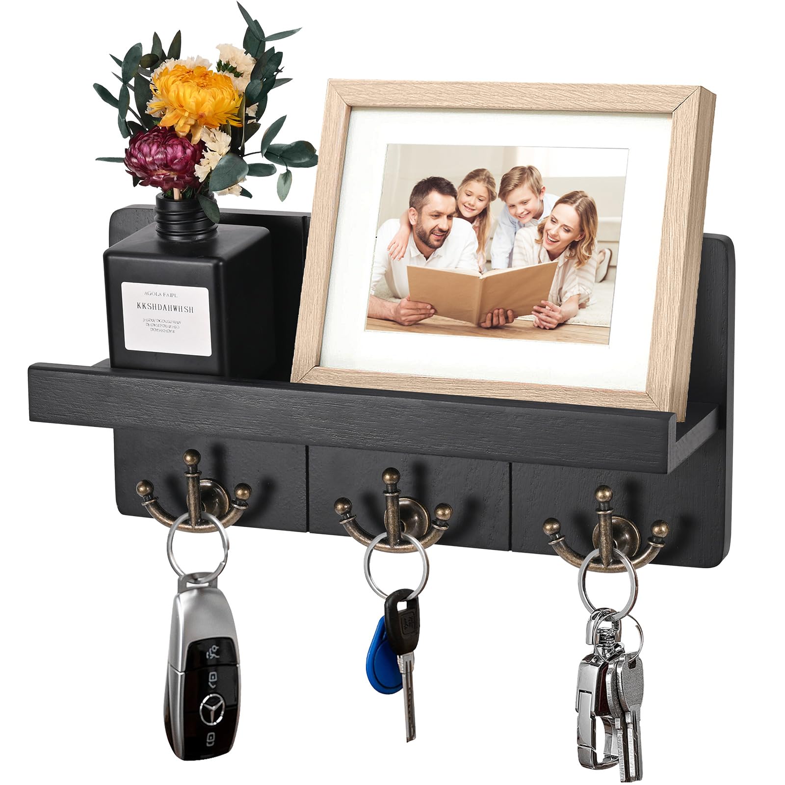 Kldgris Key Holder for Wall, Key Organiser with 3 Sturdy Key Hooks, Key Hooks Wall Mounted Decor Wood Key Rack for Hallway, Entryway, Mudroom, Office (Black)