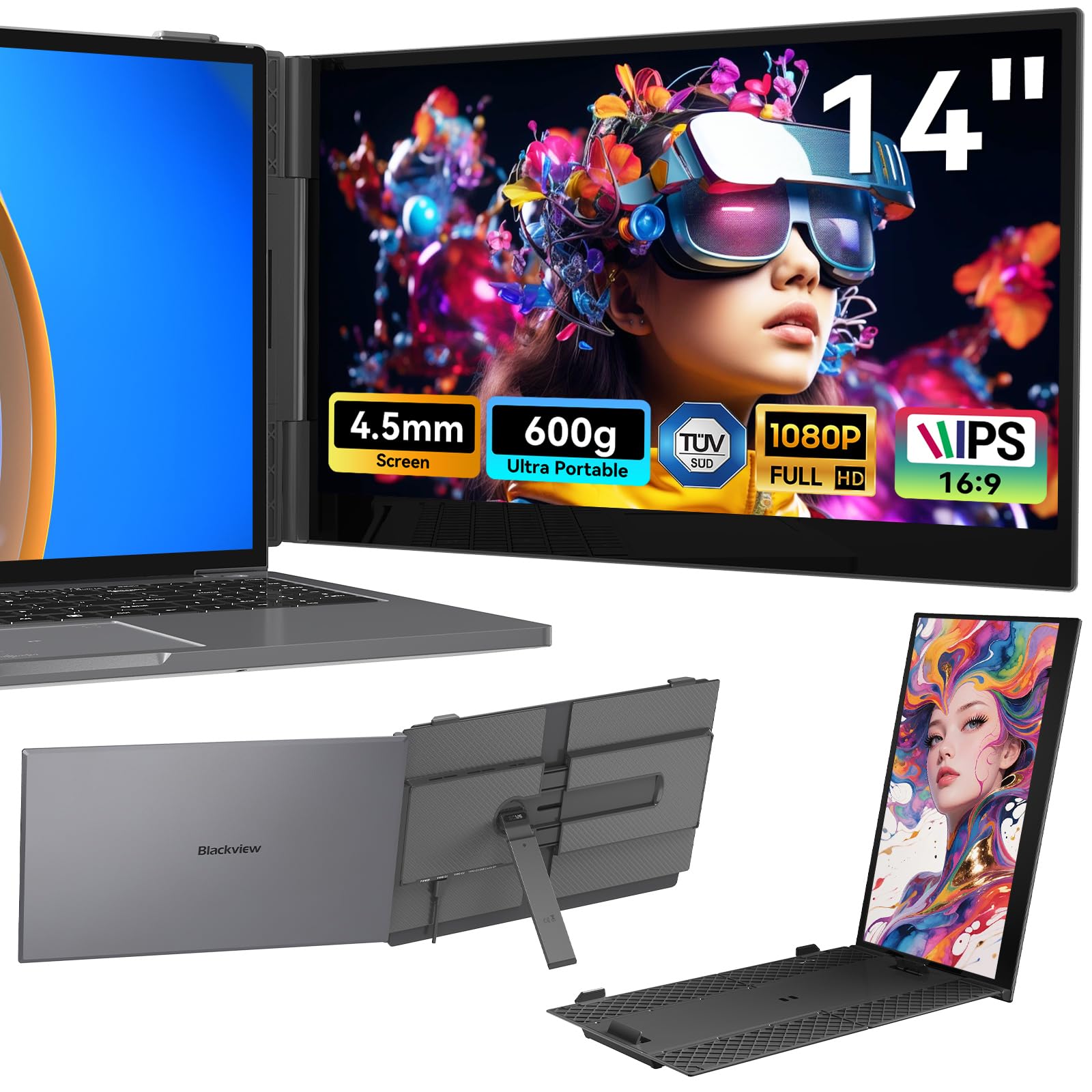 Blackview Podwójny ultracienki przenośny ekran PC z certyfikatem TÜV SüD, 14" IPS FHD 1080P, monitor do laptopa, bez sterownika Plug & Play, ekran laptopa, idealny do pracy w podróży