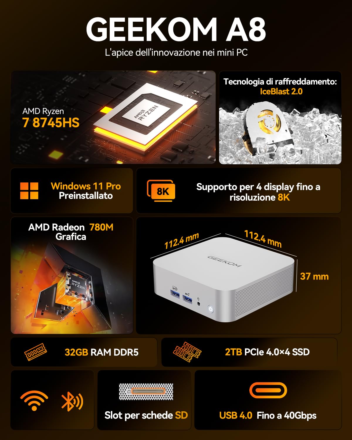 Premium GEEKOM A8 Mini PC AMD Ryzen 7 16GB 1TB SSD - Dettaglio